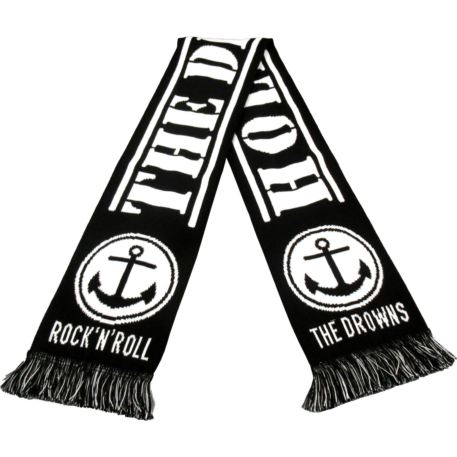 A black and white fringed scarf by The Drowns features anchor symbols and bold ROCK N ROLL, THE DROWNS, and HOLD FAST text—an essential supporter accessory.