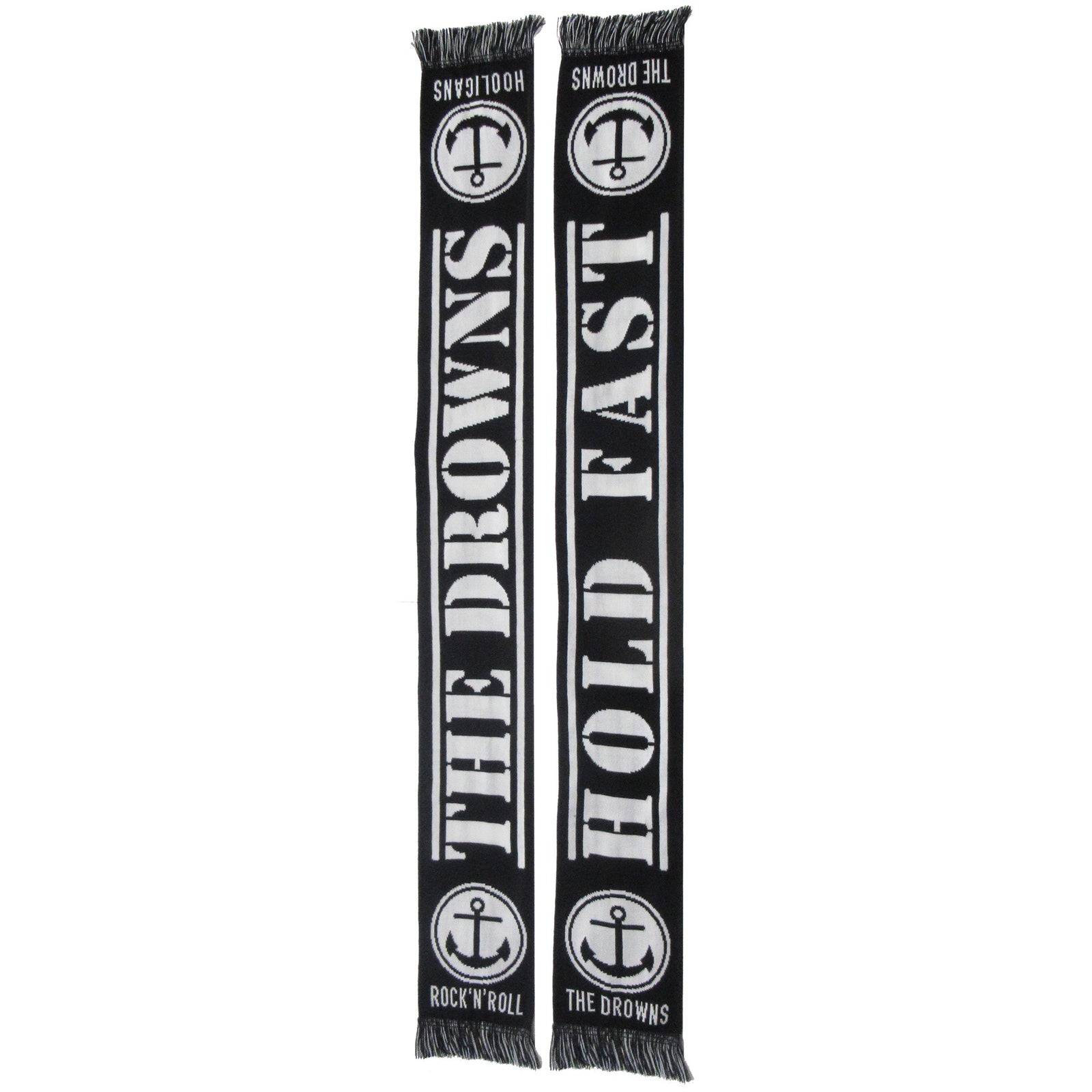 This black and white The Drowns supporter scarf features fringed ends, anchor symbols, and the phrases THE DROWNS, HOLD FAST, and ROCK N ROLL—a must-have for any band scarf collector.