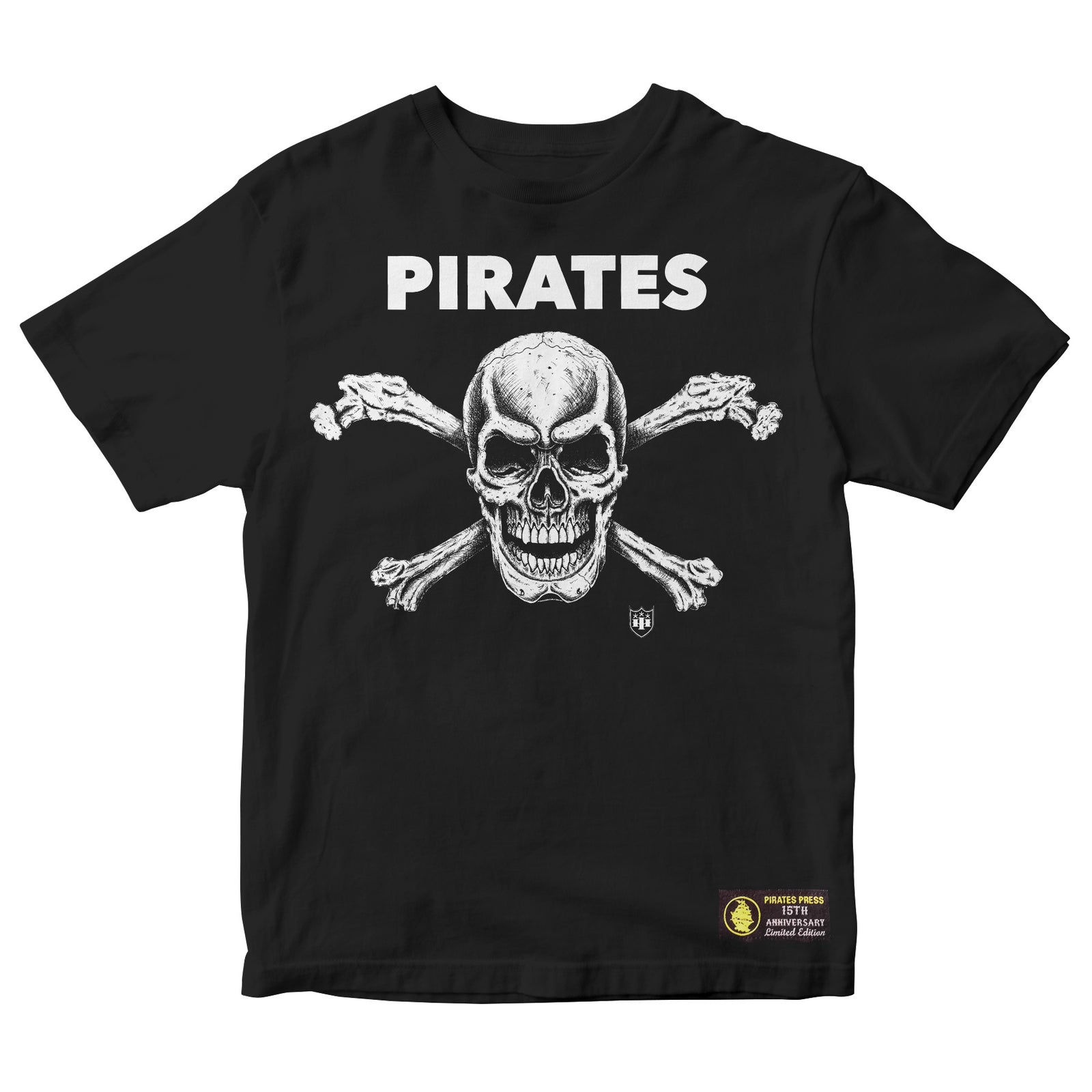Black T-shirt from Pirates Press Records featuring a bold white skull and crossbones graphic, PIRATES printed above, designed by Tokyo Hiro. Limited edition with a small patch logo near the right bottom hem.