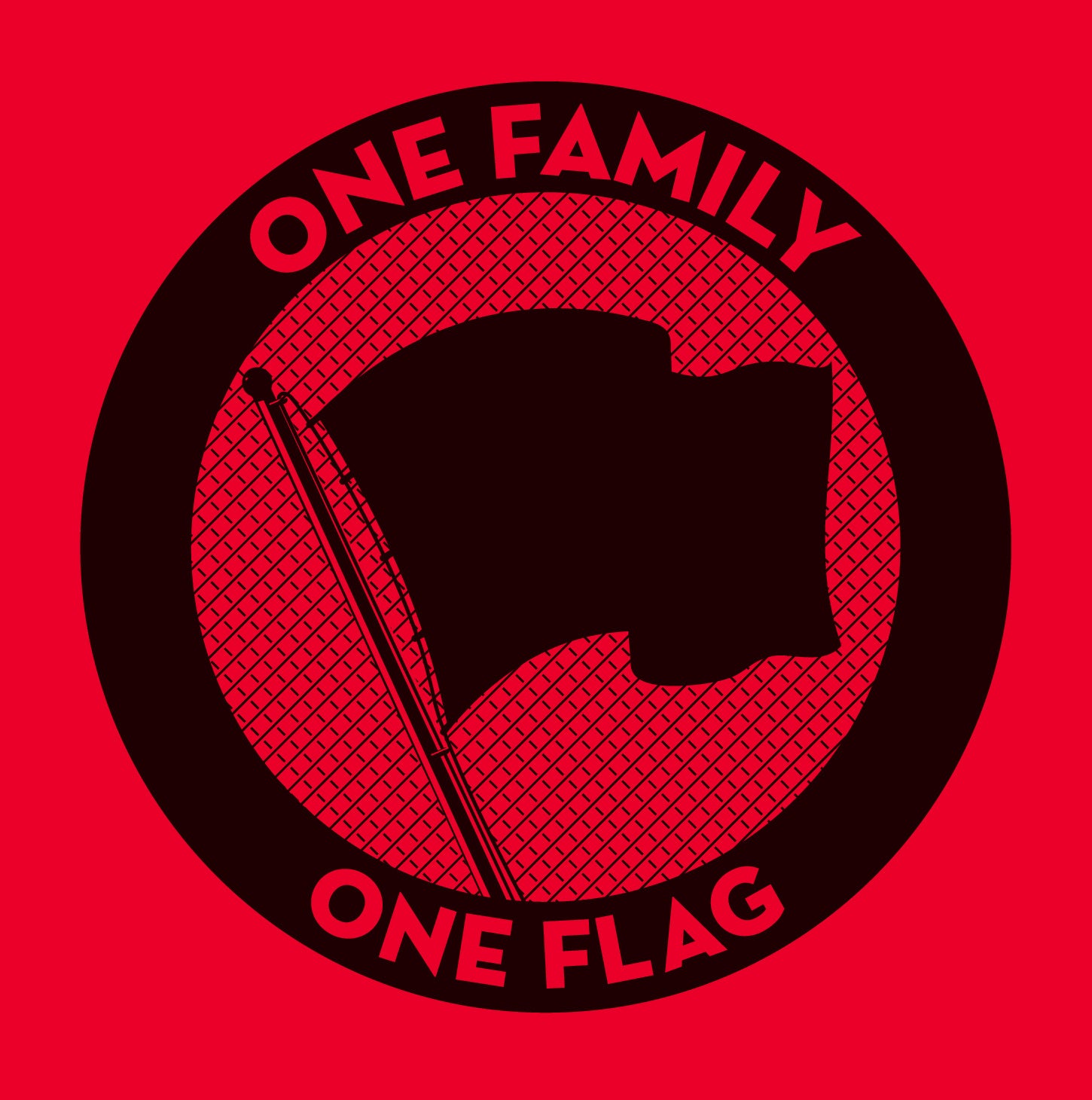 A circular emblem on a red background features a black flag on a pole, with "ONE FAMILY" above and "ONE FLAG" below, all in bold, set on a crosshatched circle—echoing classic vinyl and displaying the Pirates Press Records brand.
