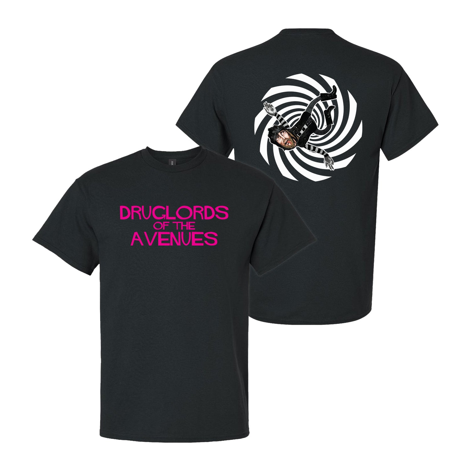Black t-shirt by Druglords of The Avenues featuring bold pink “DRUGLORDS OF THE AVENUES” text on the front and a stylized white bird with a swirl design on the back.