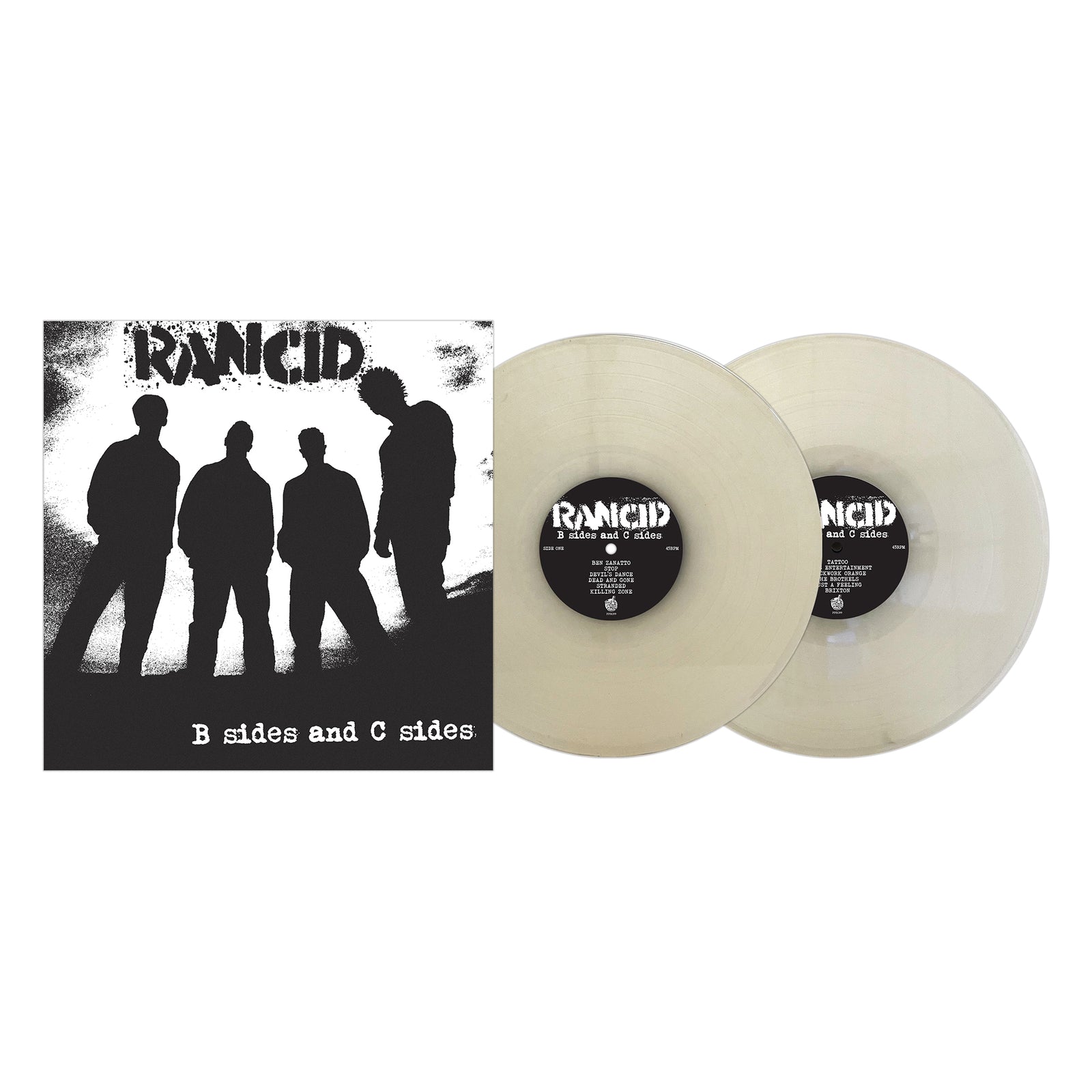 The image shows the Rancid B Sides and C Sides vinyl album, with four band members silhouetted on the cover and two clear records—a must-have for Rancid fans.
