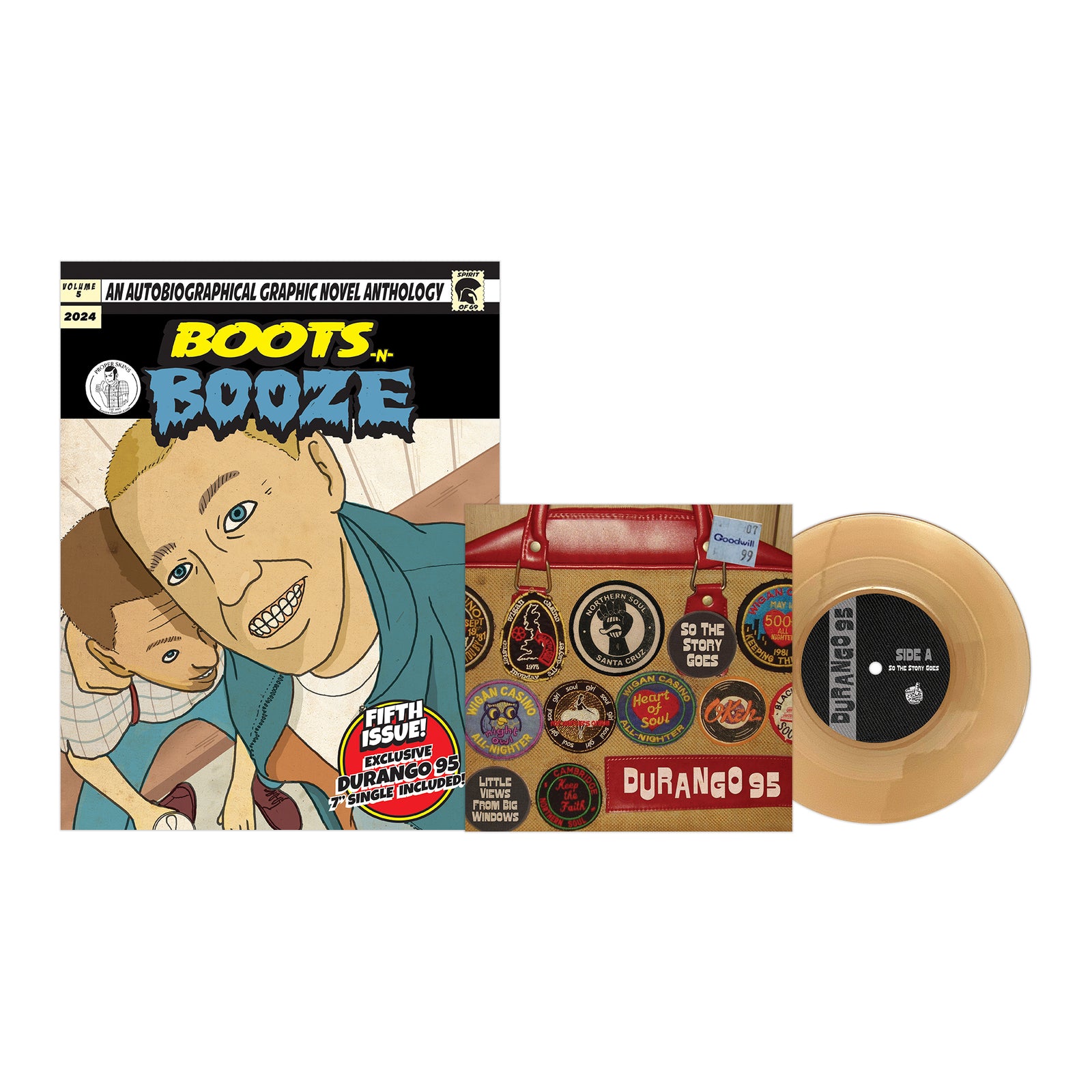 The BOOTSnBOOZE comic book features an illustrated cover with two people, band pins, and a transparent yellow Durango 95 vinyl record—celebrating Santa Cruz skinheads and punk culture.