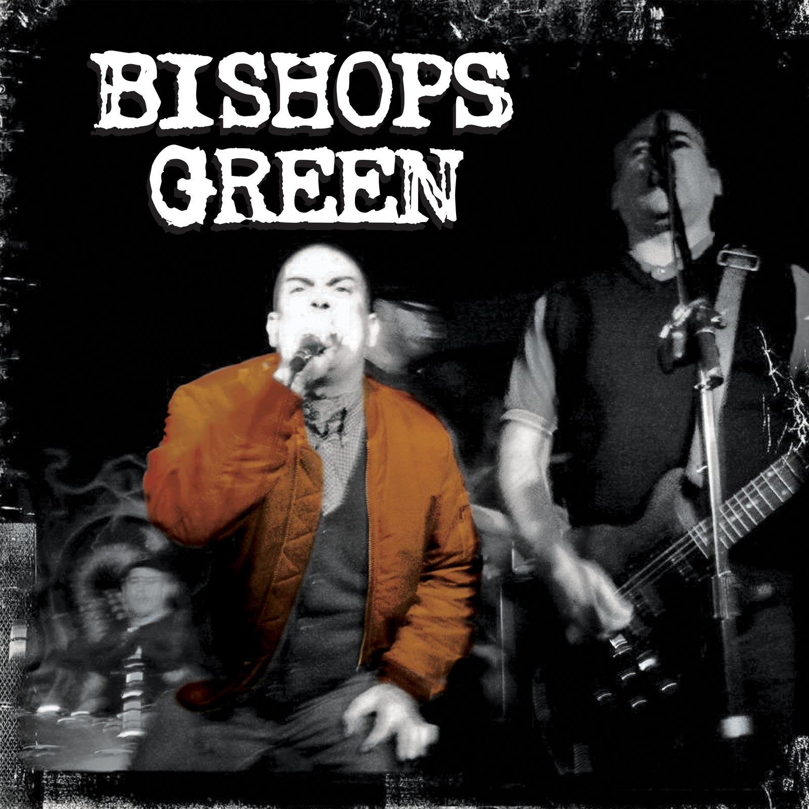A Vancouver street punk band performs on stage; the singer in a red jacket sings into a mic while another plays bass. High-contrast image with Bishops Green, the brand name, in bold, distressed white text at the top.