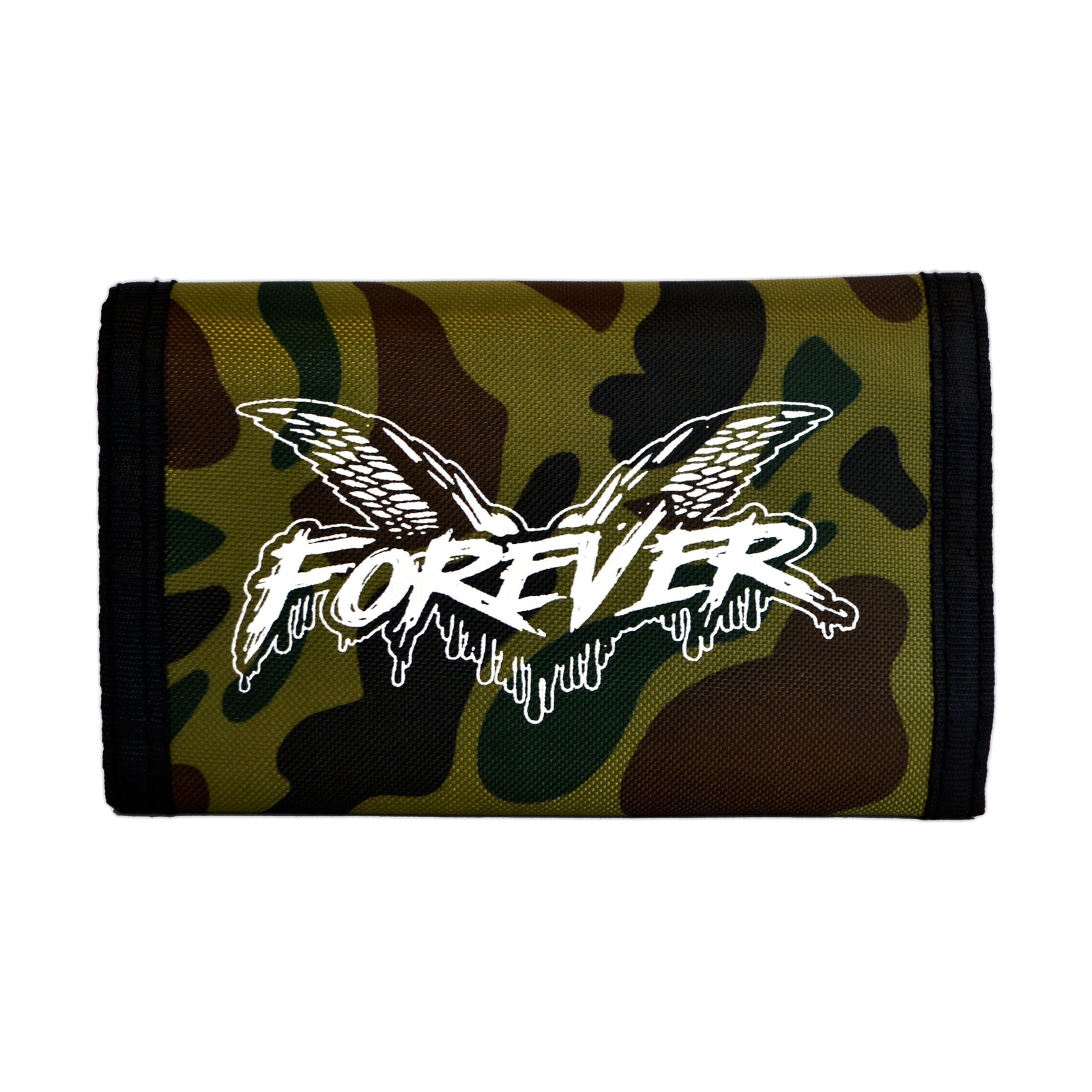 A Cock Sparrer camo trifold wallet with black trim, featuring a bold white Forever logo and outlined wings—perfect for fans.