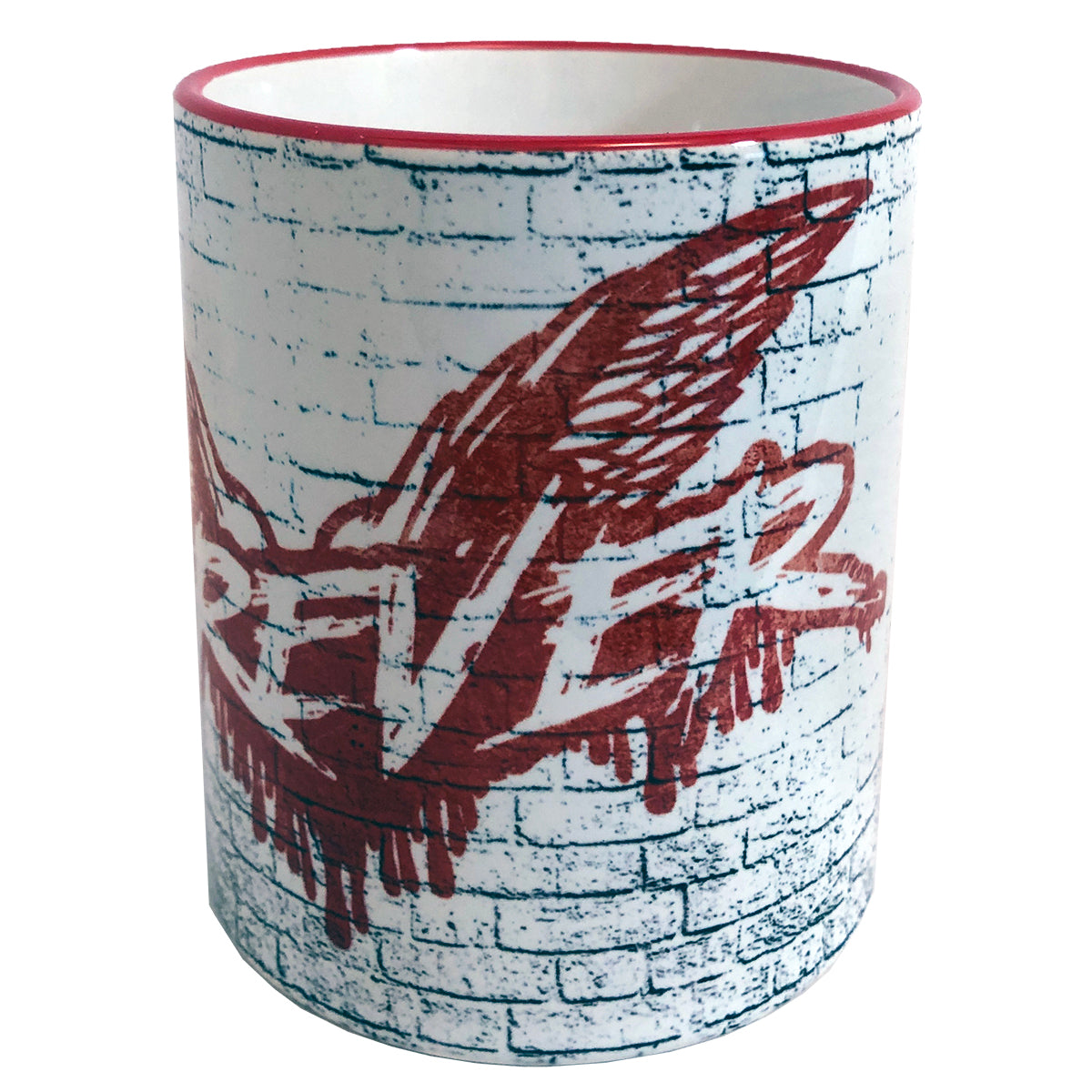 This 11oz white ceramic Cock Sparrer mug features a brick wall pattern with red graffiti-style FOREVER text and wings, outlined and dripping like spray paint. The rim is accented in bold red.