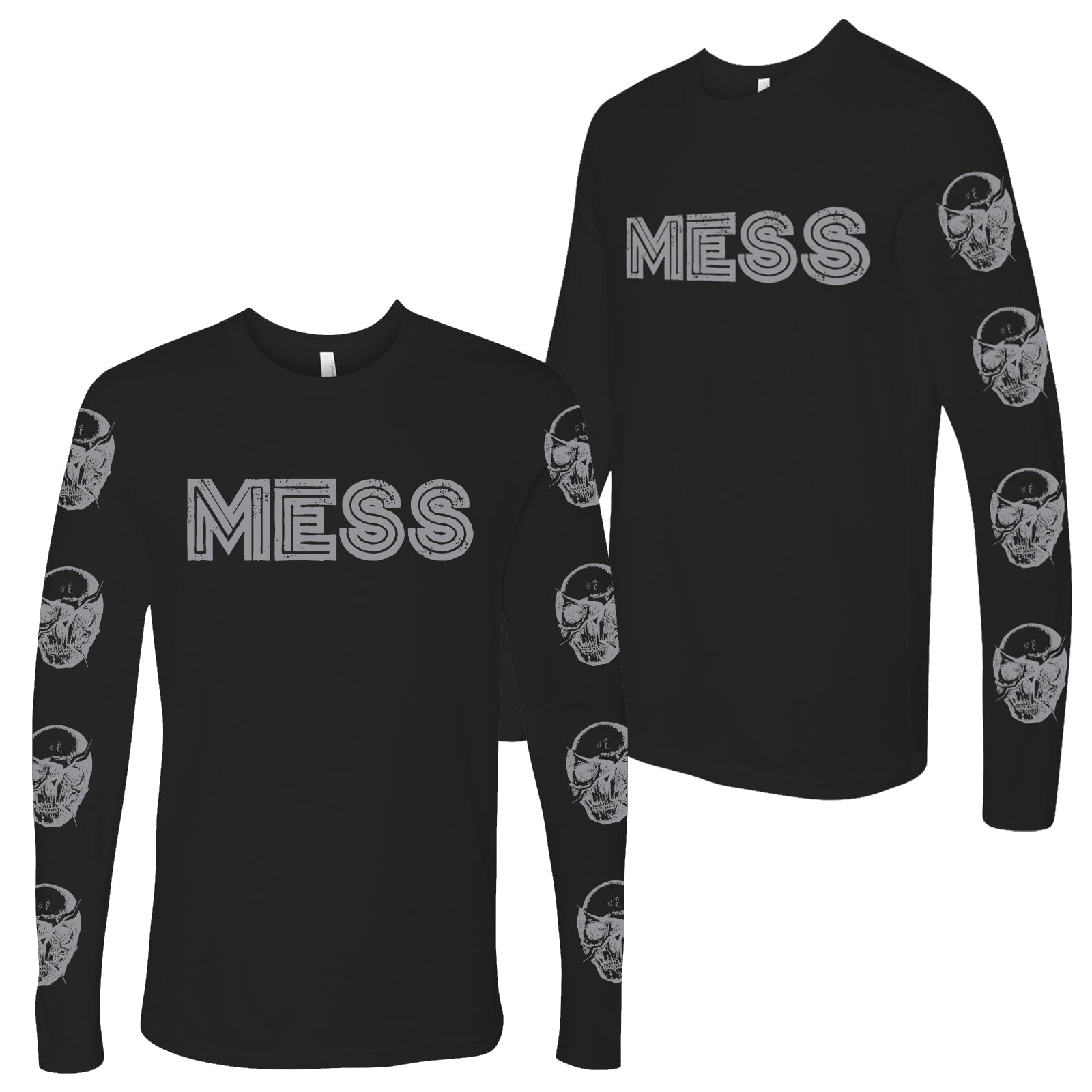 Two black long-sleeve shirts by Mess from the Under Attack collection, with bold outlined “MESS” text and sleeves featuring repeating white helmeted faces. Designed for comfort similar to Warm Grey tees or Next Level 3600 styles.