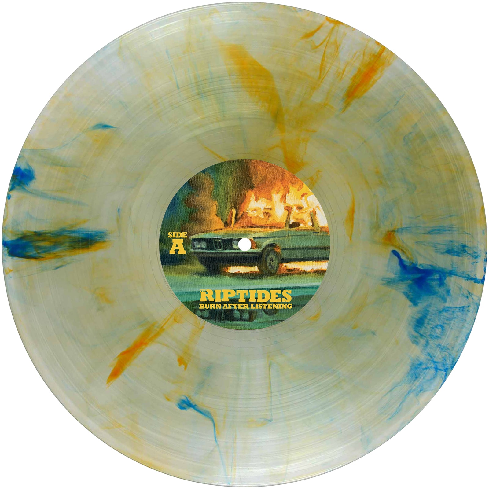 A translucent vinyl from The Riptides with blue and yellow swirls, ideal for poppy punk rock fans. The center label shows a burning car and reads SIDE A, Riptides, Burn After Listening.