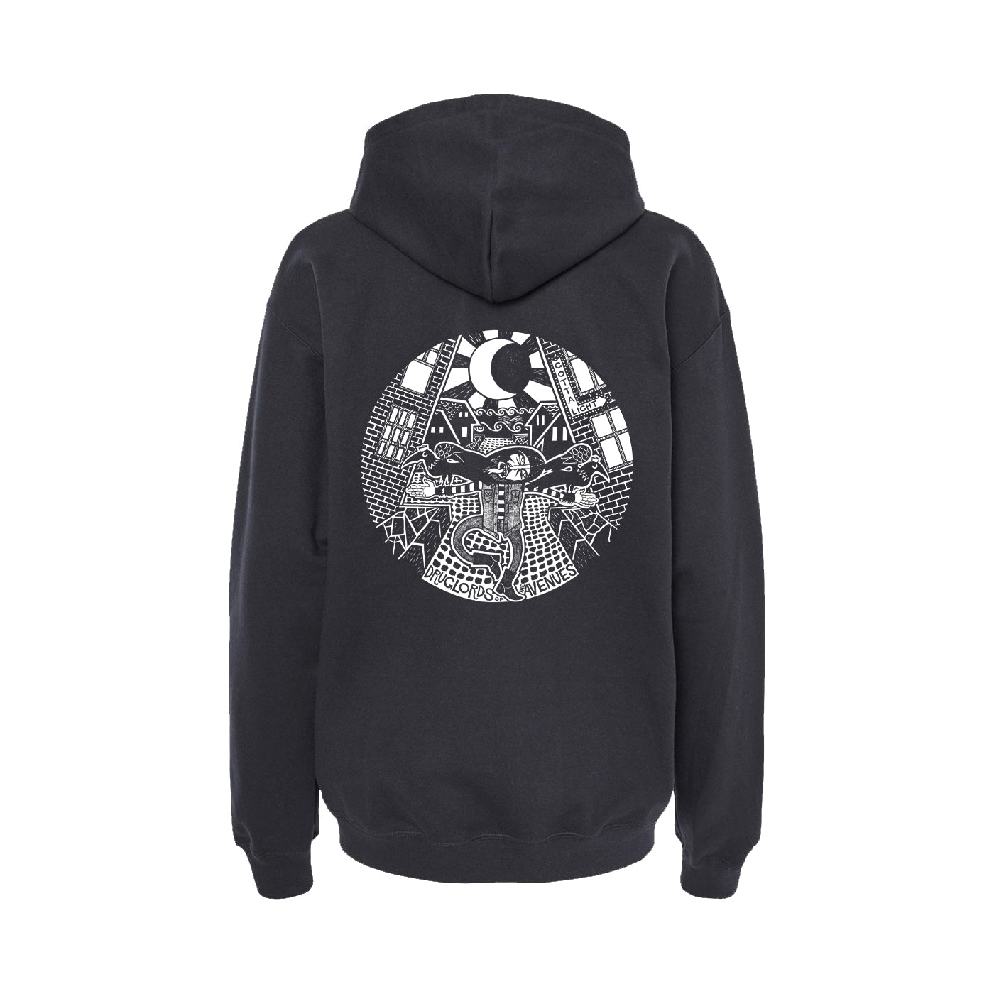 A black pullover hoodie by Druglords of The Avenues, featuring a white circular line-art graphic on the back depicting an abstract cityscape, mountains, and a large moon or sun.