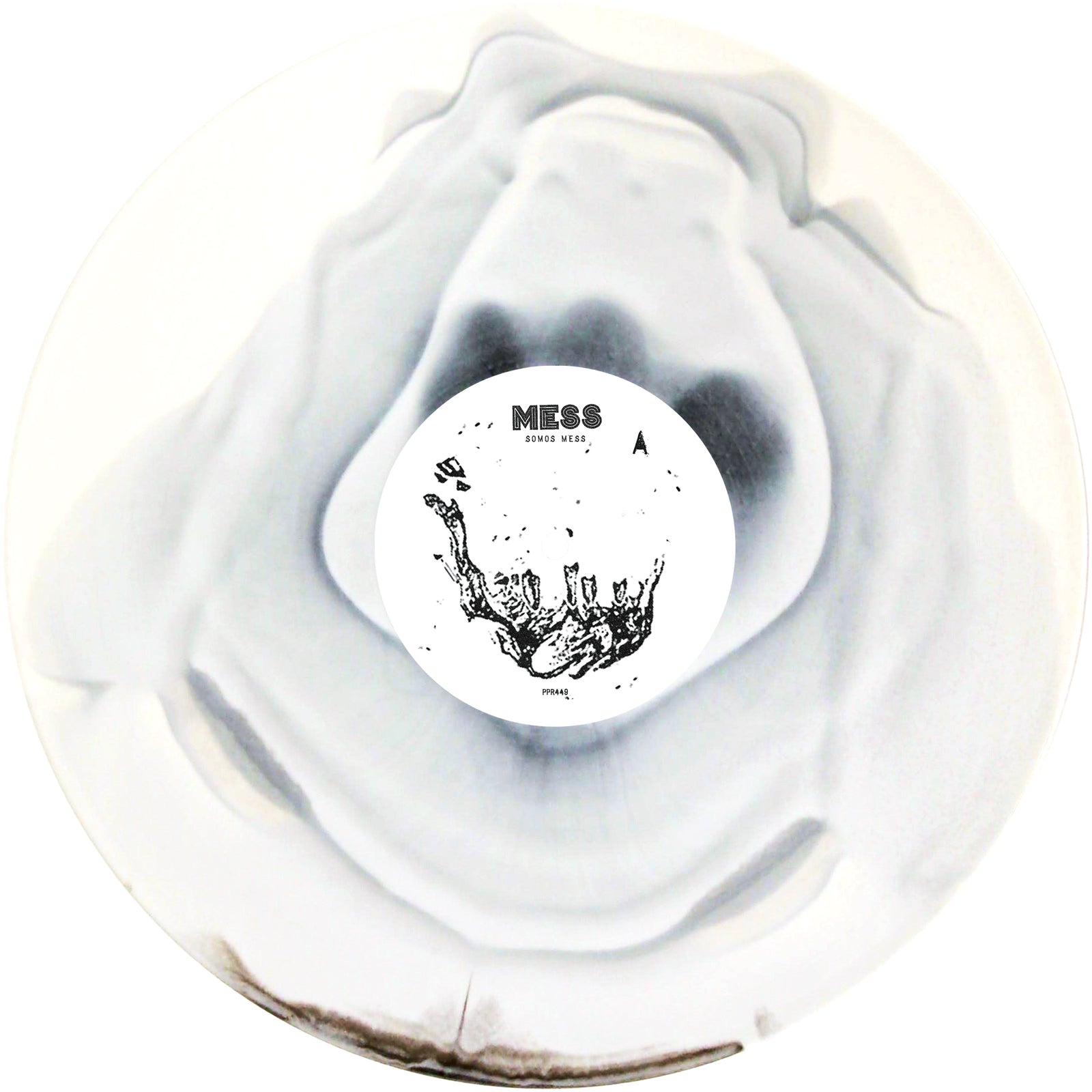 A white vinyl record with black and gray marbling, featuring a white center label with minimalist black line art and MESS in bold uppercase letters, celebrating Guadalajara punk band Mess. Brand name: Mess.