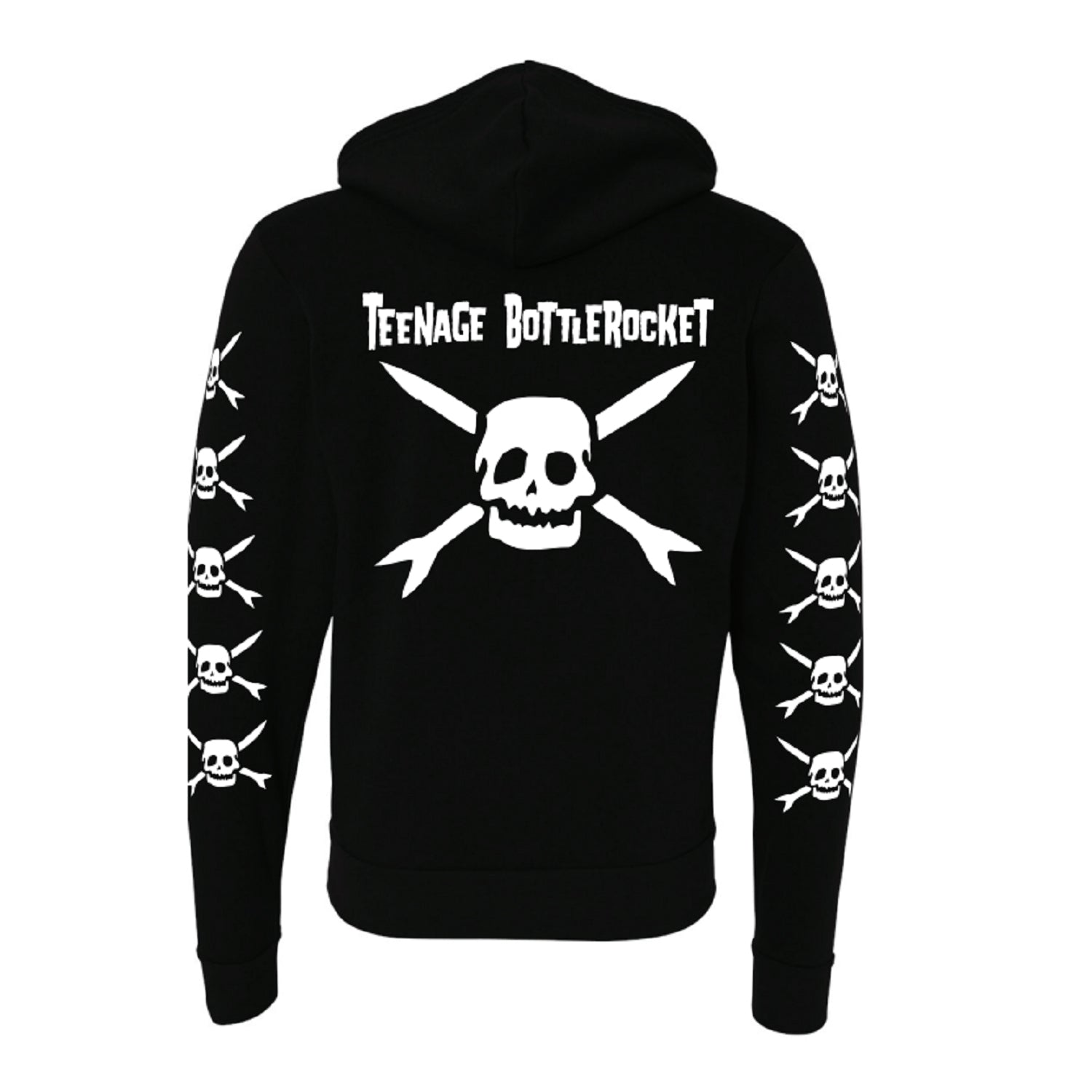 A black Teenage Bottlerocket zip-up hoodie with a large white skull and crossbones graphic plus band text on the back, and smaller matching graphics on both sleeves.