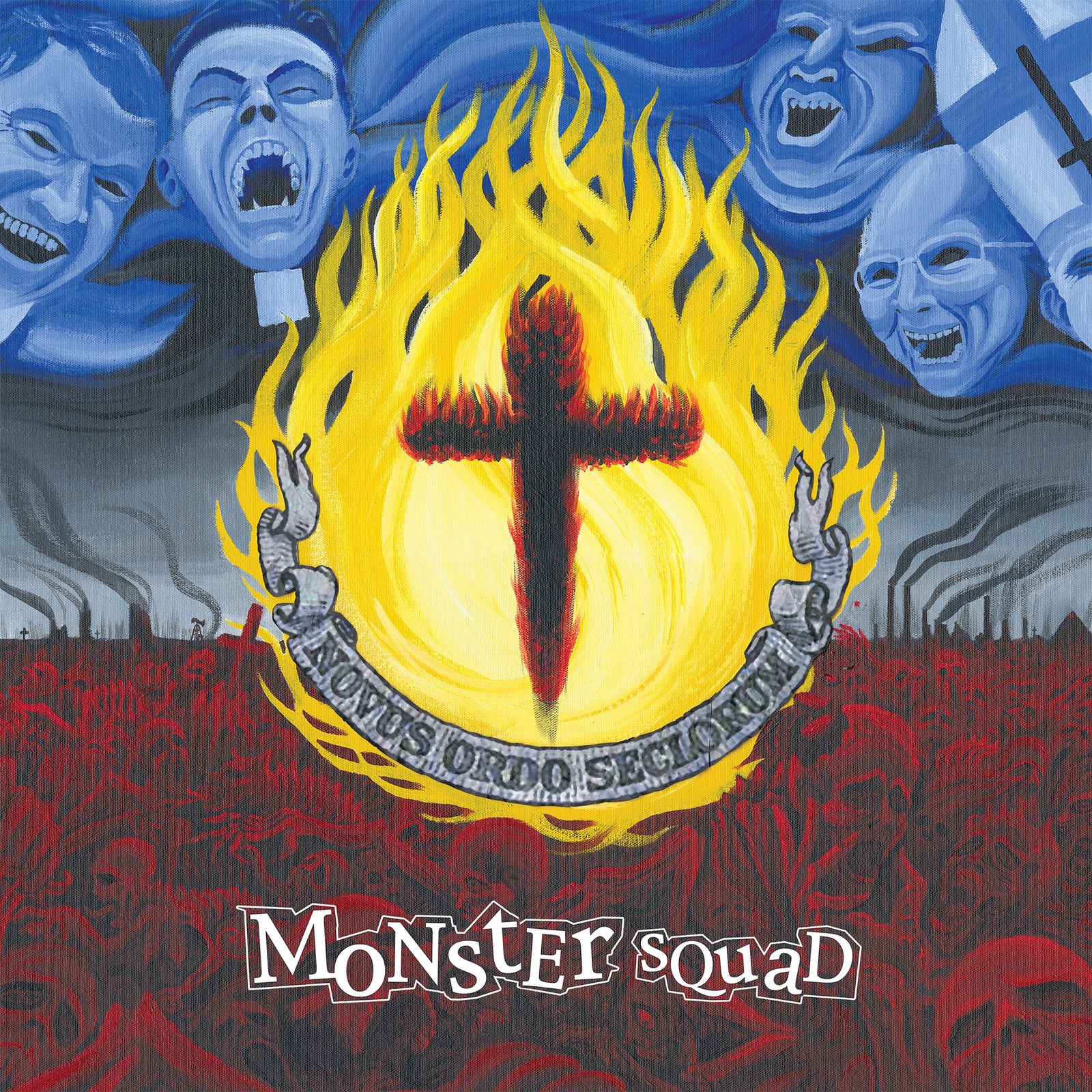 An illustrated album cover features a burning cross encircled by flames and a grey ribbon, with Monster Squad and Fire The Faith beneath. Grim faces scream in the background, above a sea of red skulls in the foreground.