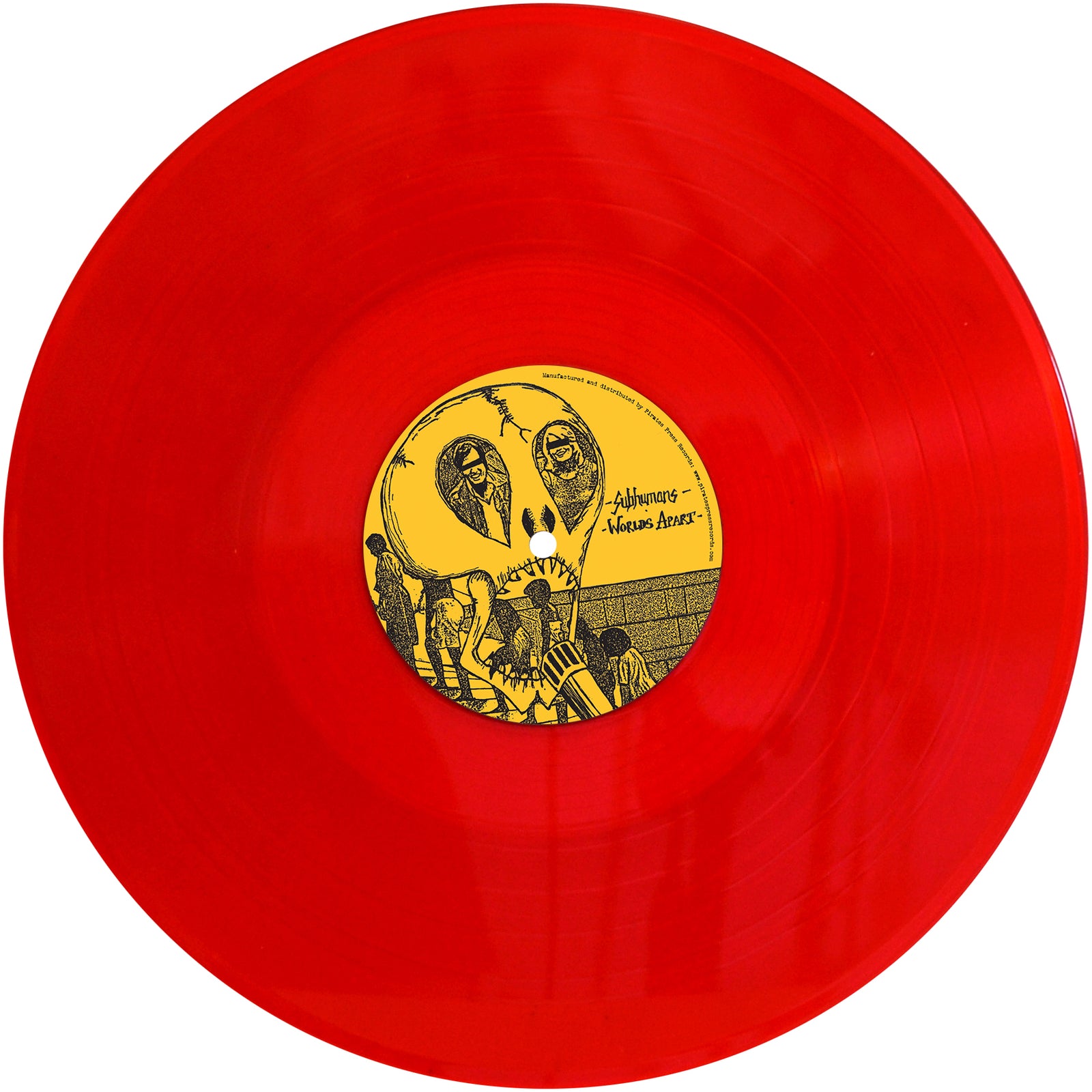 A bright red Subhumans vinyl LP with a yellow center label featuring black owl, tree, and abstract designs plus handwritten text—an ideal addition to any collection.