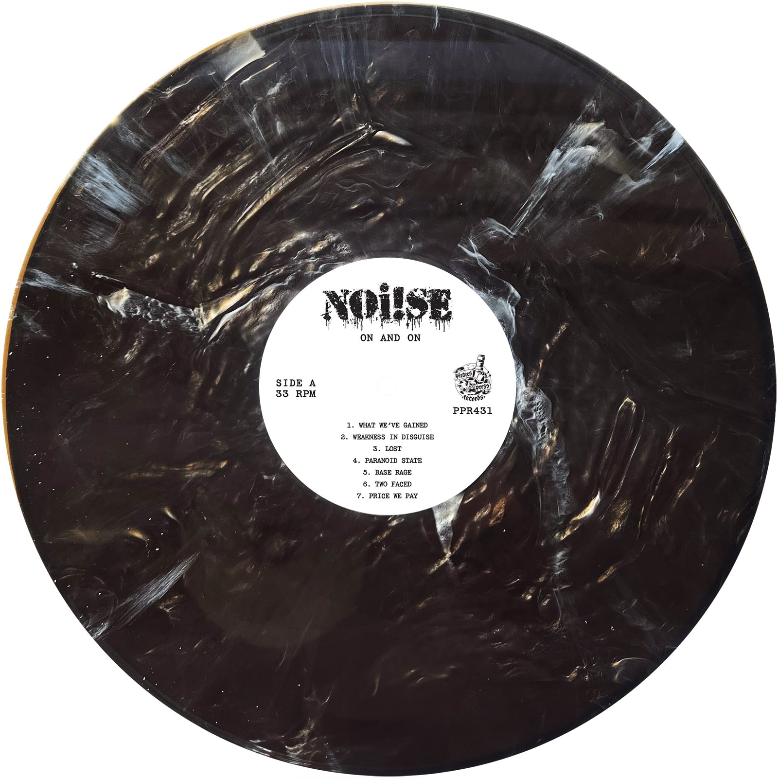 A black and white marbled vinyl from NOi!SE titled "On and On" features a streetpunk vibe, with Side A showing seven tracks and the NOi!SE logo on the right side of the center label.