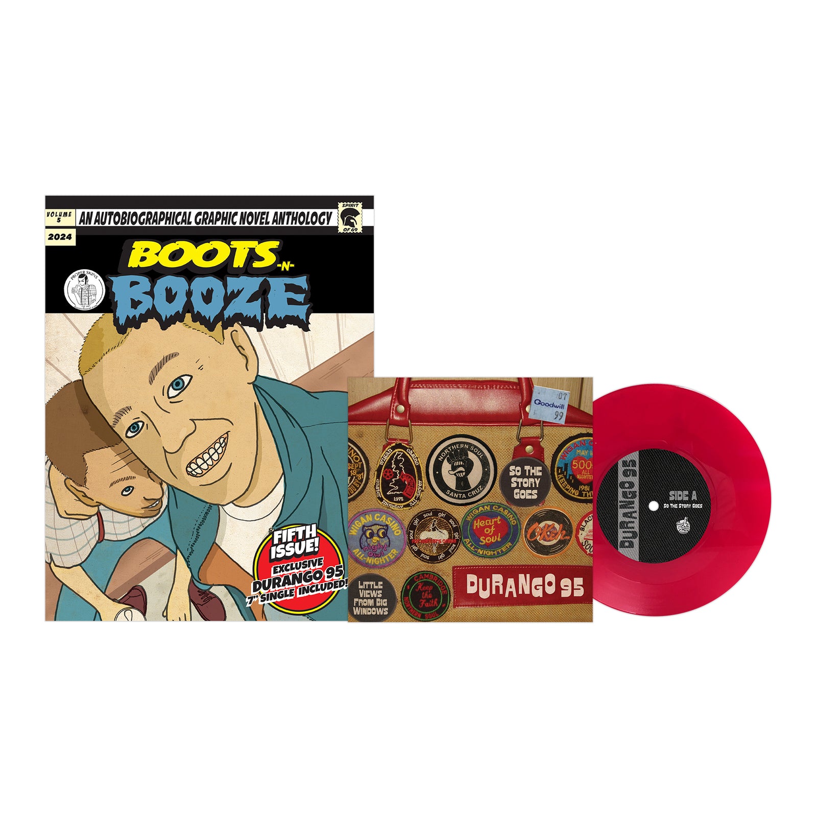 BOOTSnBOOZE comic book, issue 5, features Durango 95 and illustrated stories of skinheads and punks in Santa Cruz. Cover art shows two people, a red vinyl record, and punk-themed patches on a bag.