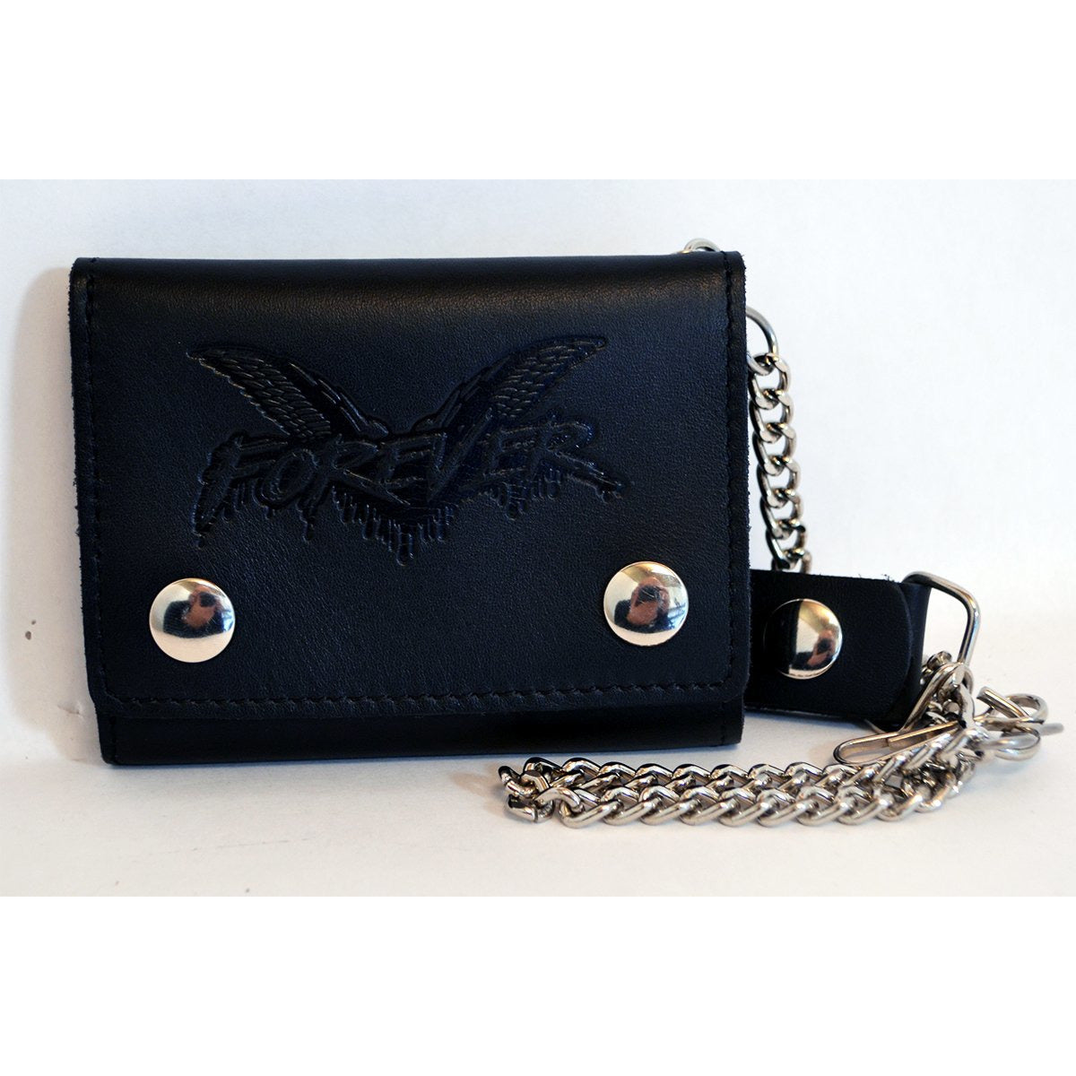 A black leather biker wallet by Cock Sparrer with metal snap buttons, a silver chain, and FOREVER embossed with a winged design—ideal for those who appreciate classic style.