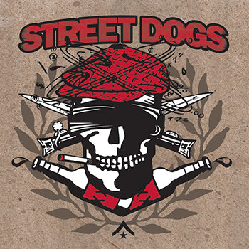 Illustration of a skull with a red hat, blindfold, and cigarette, crossed broken bottles and cigars behind it. Street Dogs EP in bold red letters above—ideal for any Street Dogs fan.