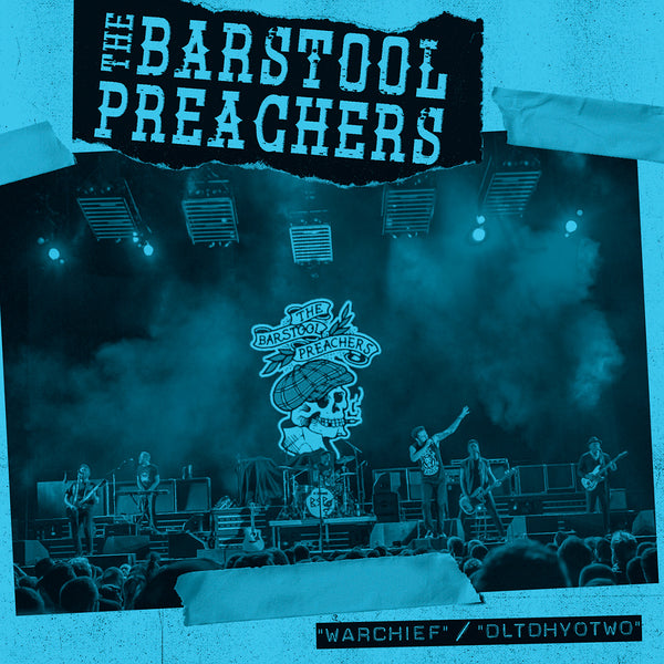 A band plays onstage with The Bar Stool Preachers and a skull logo in the background. The electric blue image features “Warchief” and “DLTDHYOTWO,” echoing the Grazie Governo era energy.