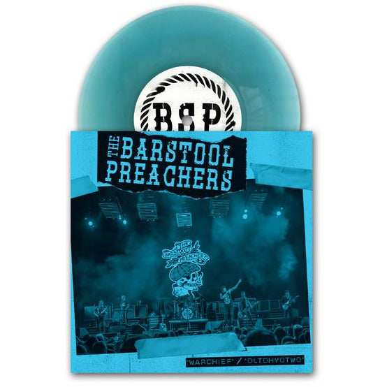 An Electric Blue vinyl record partially slides out of a blue-toned sleeve featuring The Bar Stool Preachers’ name and a live performance image with stage lights and a visible crowd.