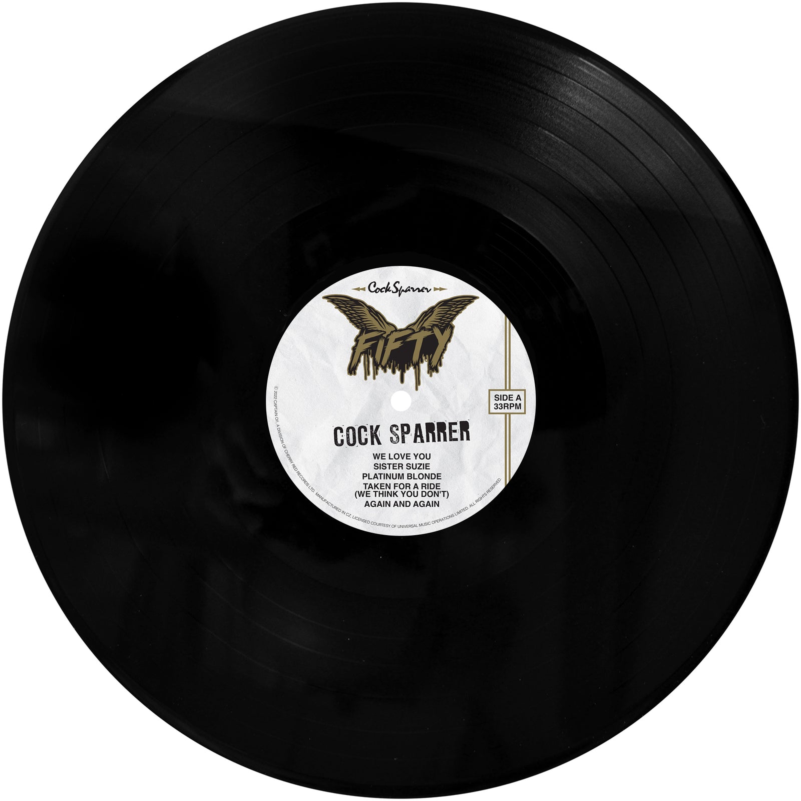 A black remastered vinyl from Cock Sparrer features a center label with their winged logo and track names like We Love You and Platinum Blonde, marking the bands 50th anniversary, all set against a white background.