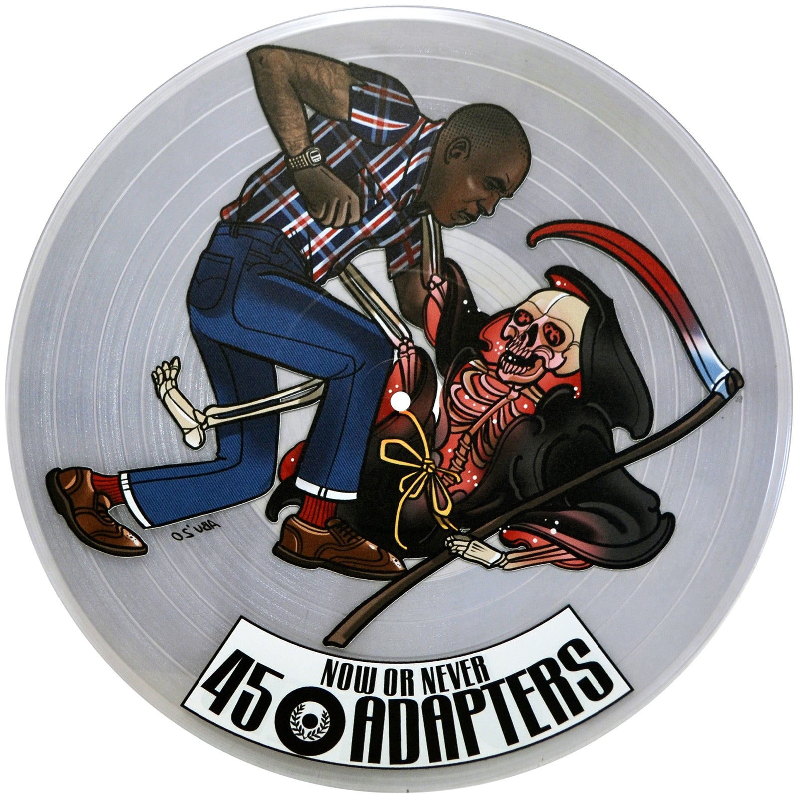 A man in a plaid shirt pins down the Grim Reaper on a UV digitally printed record labeled with the 45 Adapters brand, the Grim Reaper’s scythe beside them, capturing a striking scene from the band’s new EP release.