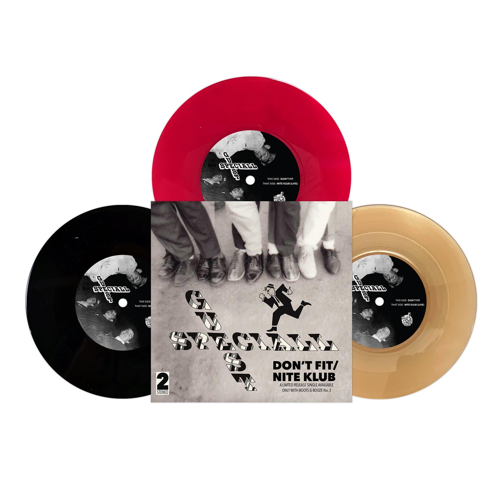 Three vinyl records—black, red, and gold—circle a square BOOTSnBOOZE album cover featuring black-and-white shoes and the text The Specials, Don’t Fit / Nite Klub, evoking Santa Cruzs vibrant 1980s ska scene.