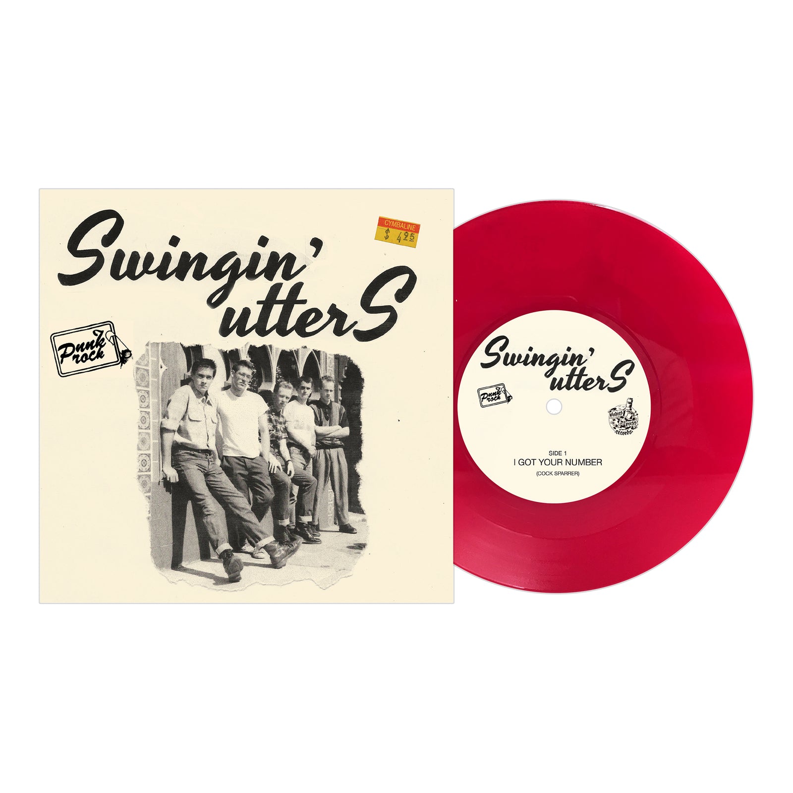 Square album cover shows a black-and-white photo of five men by a building, labeled Swingin’ Utters. Next to it is a bright red 7" vinyl from BOOTSnBOOZE featuring "I Got Your Number," honoring the Santa Cruz skinheads punk scene.