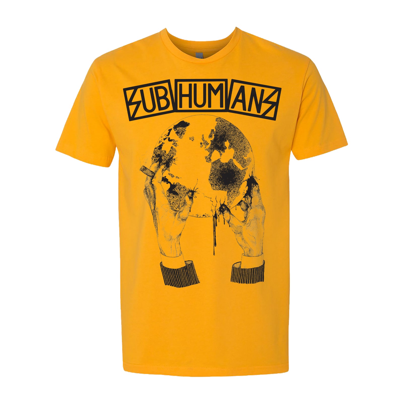 A gold Subhumans shirt from Next Level with bold black lettering and an illustration of hands holding a melting skull.