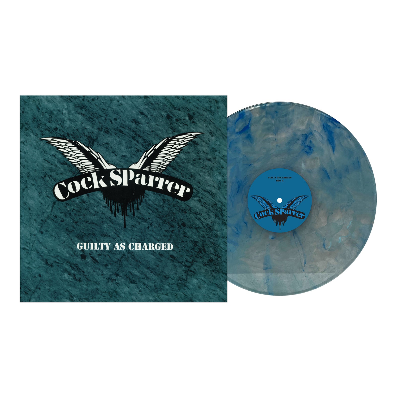 Cock Sparrers punk rock album Guilty as Charged features a dark green cover with their winged logo and comes with a blue and white marbled vinyl record, showcasing a blue label with bold black text.