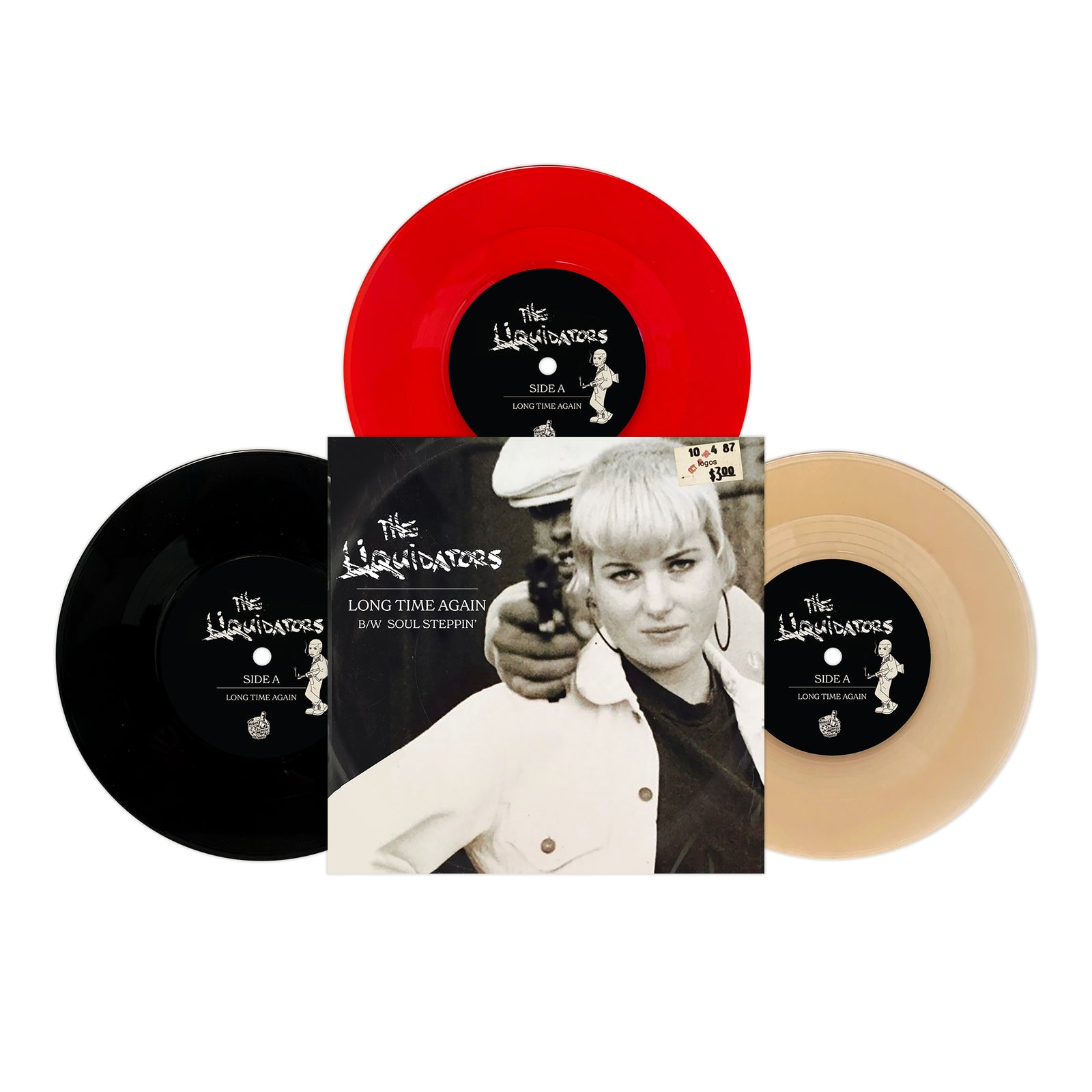 Three BOOTSnBOOZE vinyl records (red, black, and beige) labeled “The Liquidators” feature a cover with a black-and-white photo of a woman in a white jacket—ideal for collectors of The Liquidators hooligans series.