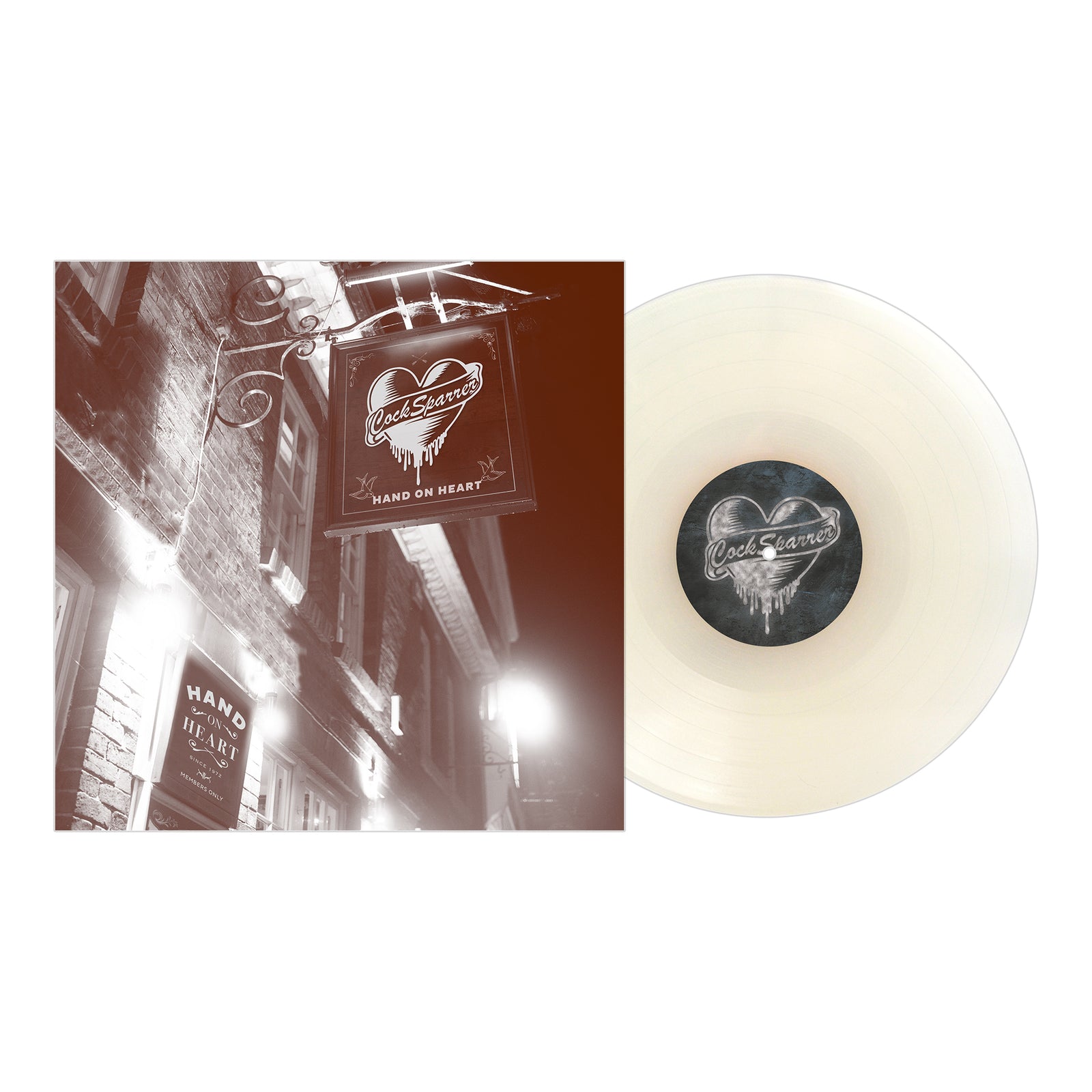 A translucent white vinyl record from Cock Sparrer sits beside its cover, which displays a sepia-toned street scene with a hanging sign—an ideal addition to any punk rock collection.