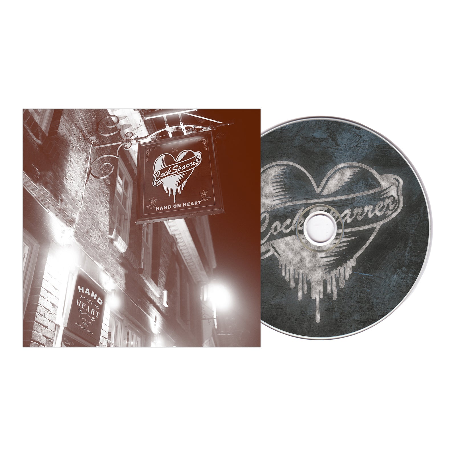 Cock Sparrer CD and album cover for "Hand On Heart" feature a sepia street scene with a pub sign showing a heart and the band's logo, matching the artwork on the CD.