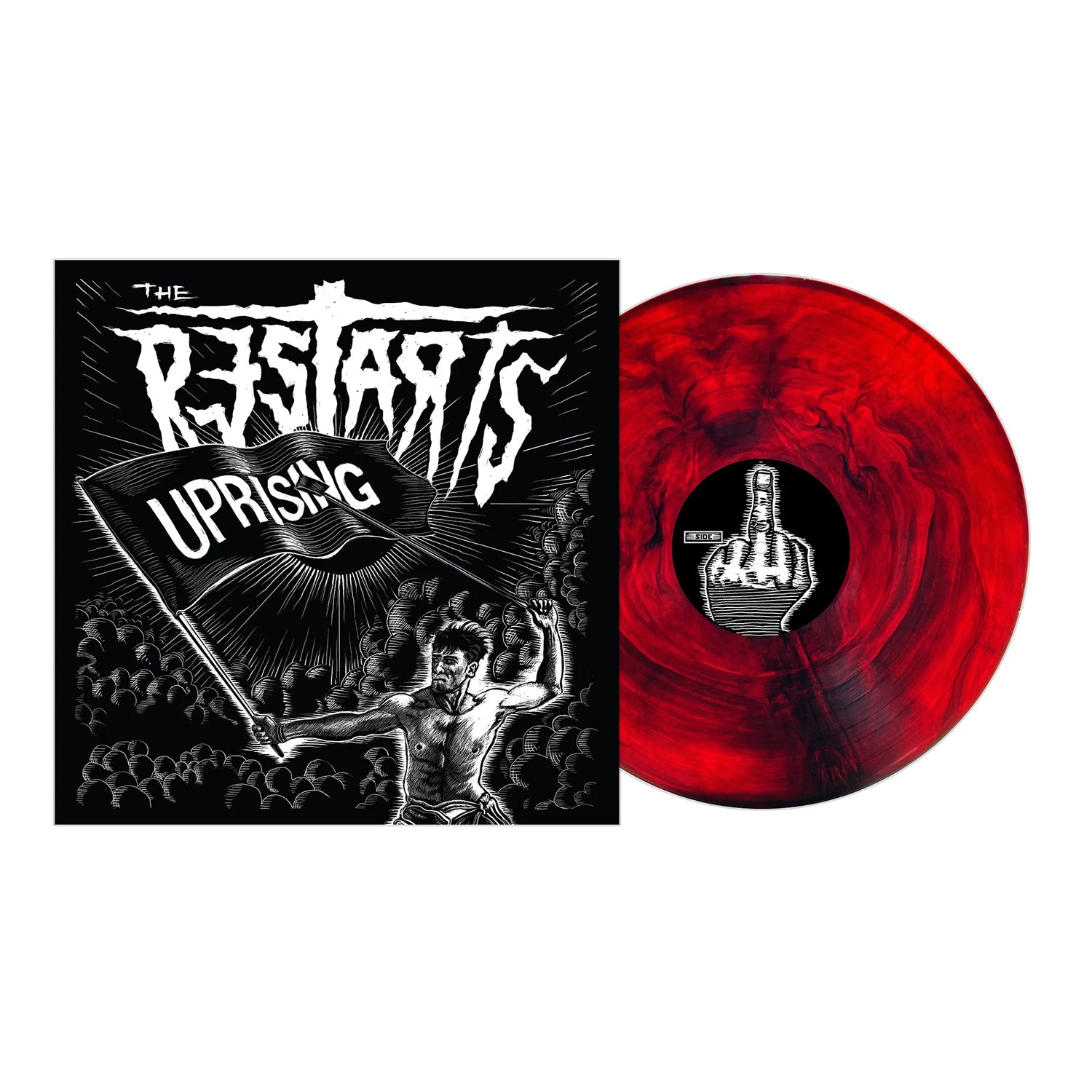 Album cover for Uprising by The Restarts, showing a black-and-white crowd scene with a person waving a flag. Includes red and black marbled vinyl and an image of a raised middle finger on the record label.