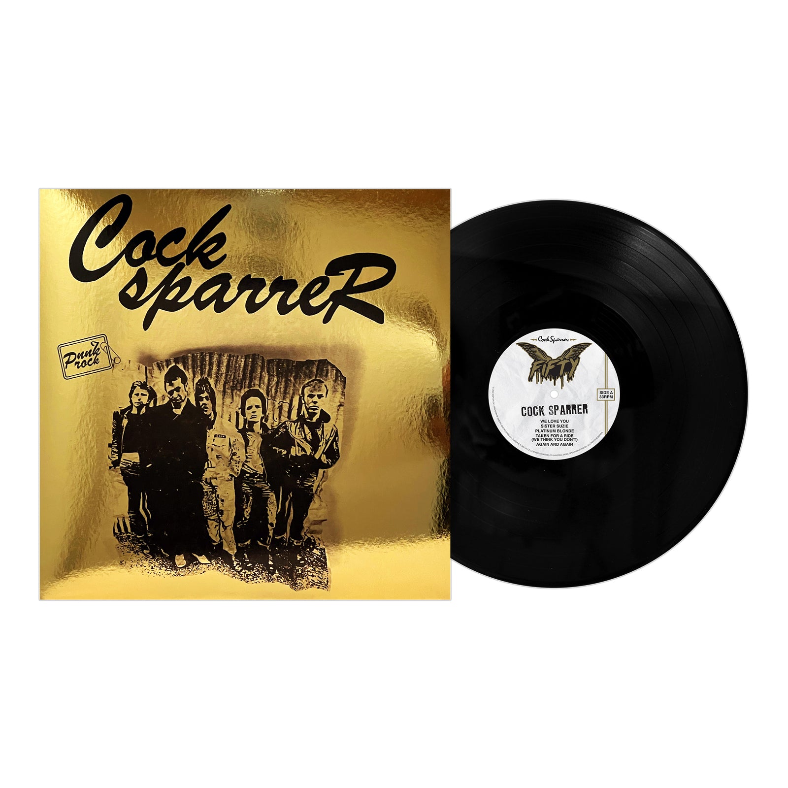 A black remastered vinyl record partially pulled from a shiny gold cover with Cock Sparrers name in bold black script and a black-and-white band photo, celebrating the bands 50th anniversary.