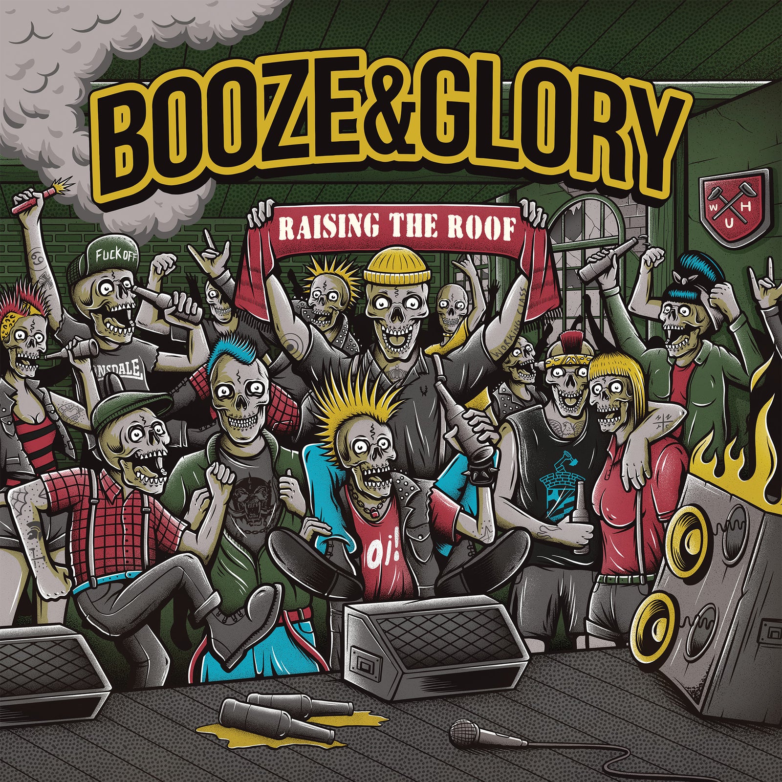 Cartoon zombies in punk outfits cheer at an indoor concert under a bold Booze & Glory sign. In the center, zombies hold a Raising the Roof banner, celebrating the new punk album as speakers and microphones line the floor.