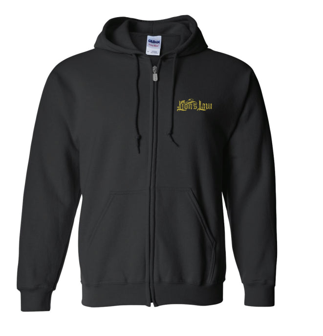 This black zip-up hoodie features front pockets, a hood, and a small yellow Lions Law logo in stylized text on the left chest. Brand label appears at the neck.