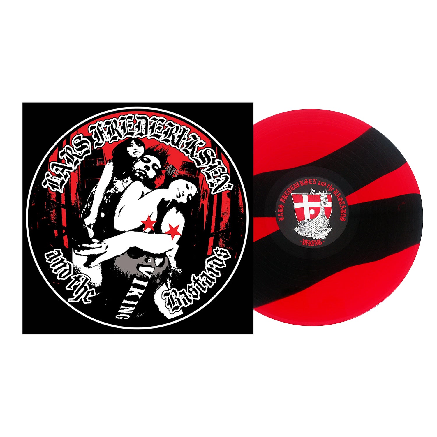 Album cover and red-and-black streaked vinyl record from Lars Frederiksen & The Bastards’ Viking album on Hellcat Records; the cover shows two muscular figures with stars on their chests, and the vinyl has a central circular label.