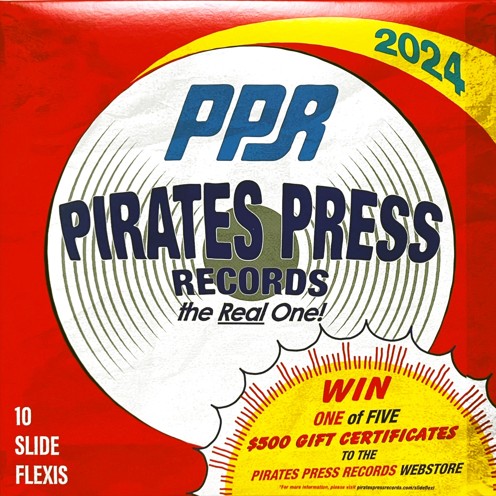 A bold, colorful Pirates Press Records 2024 cover highlights their collectible series. Enter to win one of five $500 webstore gift certificates. Features large record graphics and vibrant red, white, and yellow SLIDE FLEXIS elements.