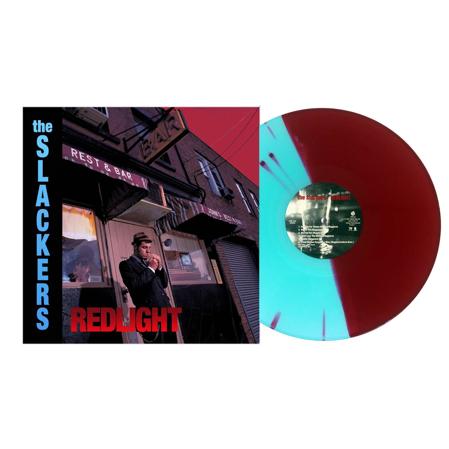 The image shows the vinyl LP of The Slackers album 'Redlight'. The record has a two-tone color design with the top part in electric blue and the bottom part in oxblood red.