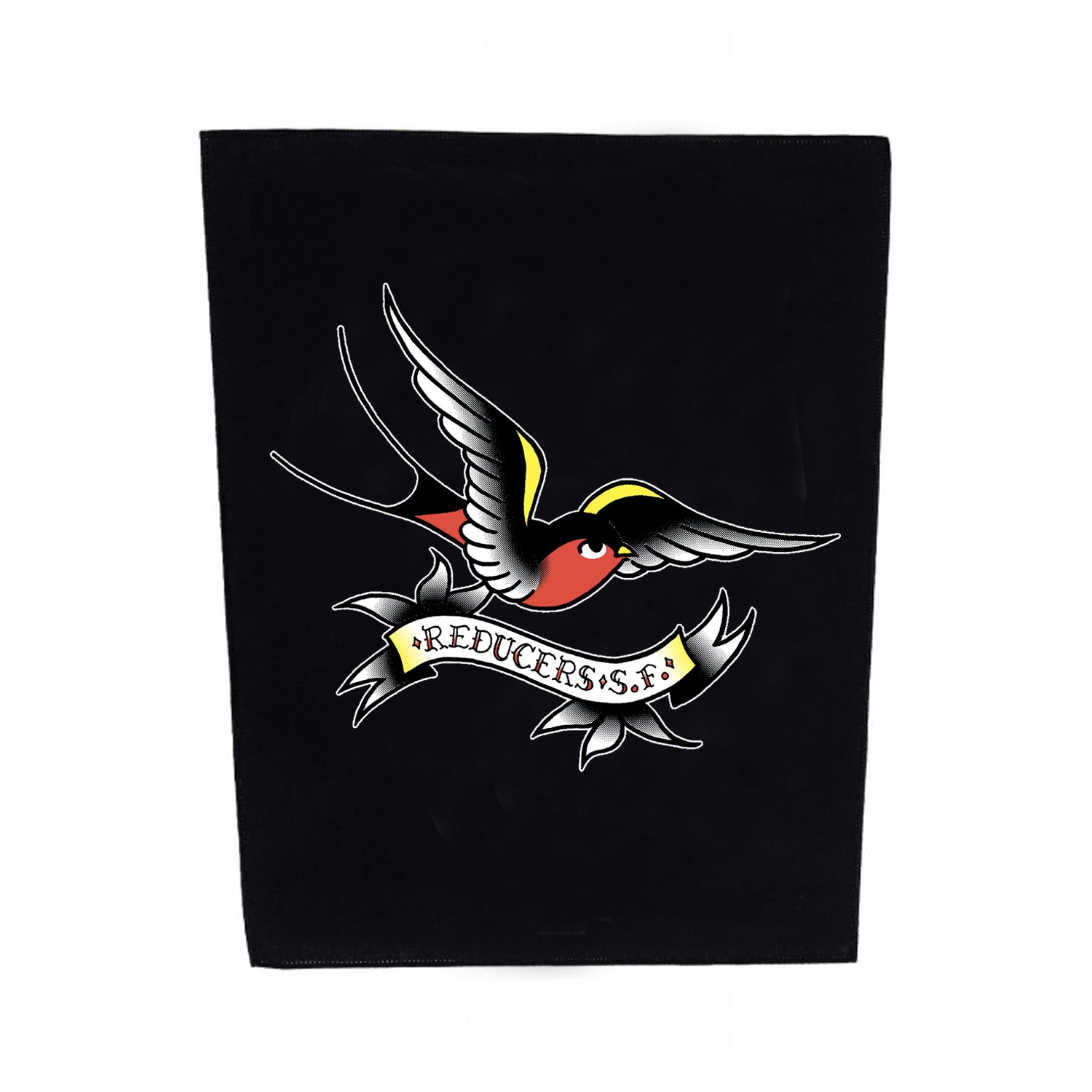 A canvas patch by Reducers S.F featuring a tattoo-style bird logo: a flying swallow with a yellow beak, red chest, and a banner in its beak reading "Reducers SF" in bold black letters.