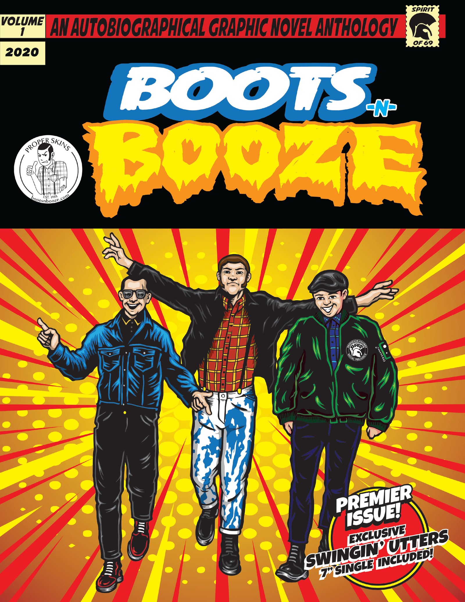 Comic book cover shows three smiling people in punk, skinhead, and casual outfits walking arm-in-arm against a red and yellow burst. Title: BOOTSnBOOZE, an autobiographical graphic novel anthology set in Santa Cruz.