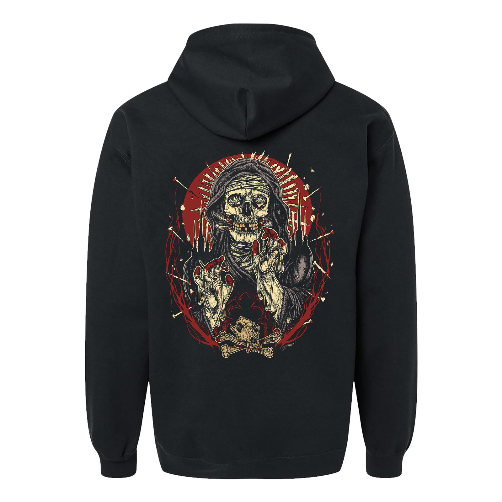 The Starving Wolves black Gildan Soft-Style hoodie showcases a skeleton in dark robes with red rays, barbed wire, and skull-and-bones details—a bold graphic true to the bands signature style.