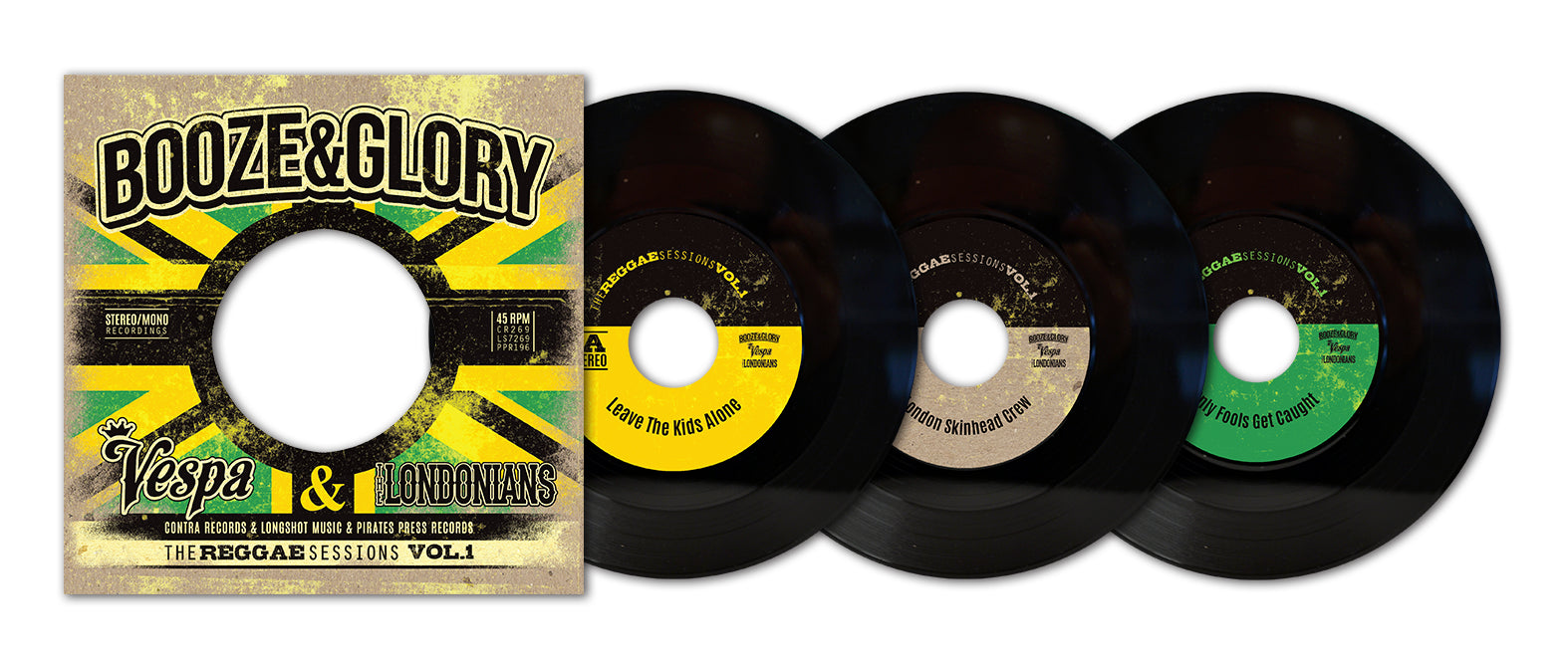 Three black vinyl records from Booze & Glory are shown next to a colorful sleeve with yellow, green, and black graphics. Each record’s center label suggests Jamaican-inspired Booze & Glory songs.