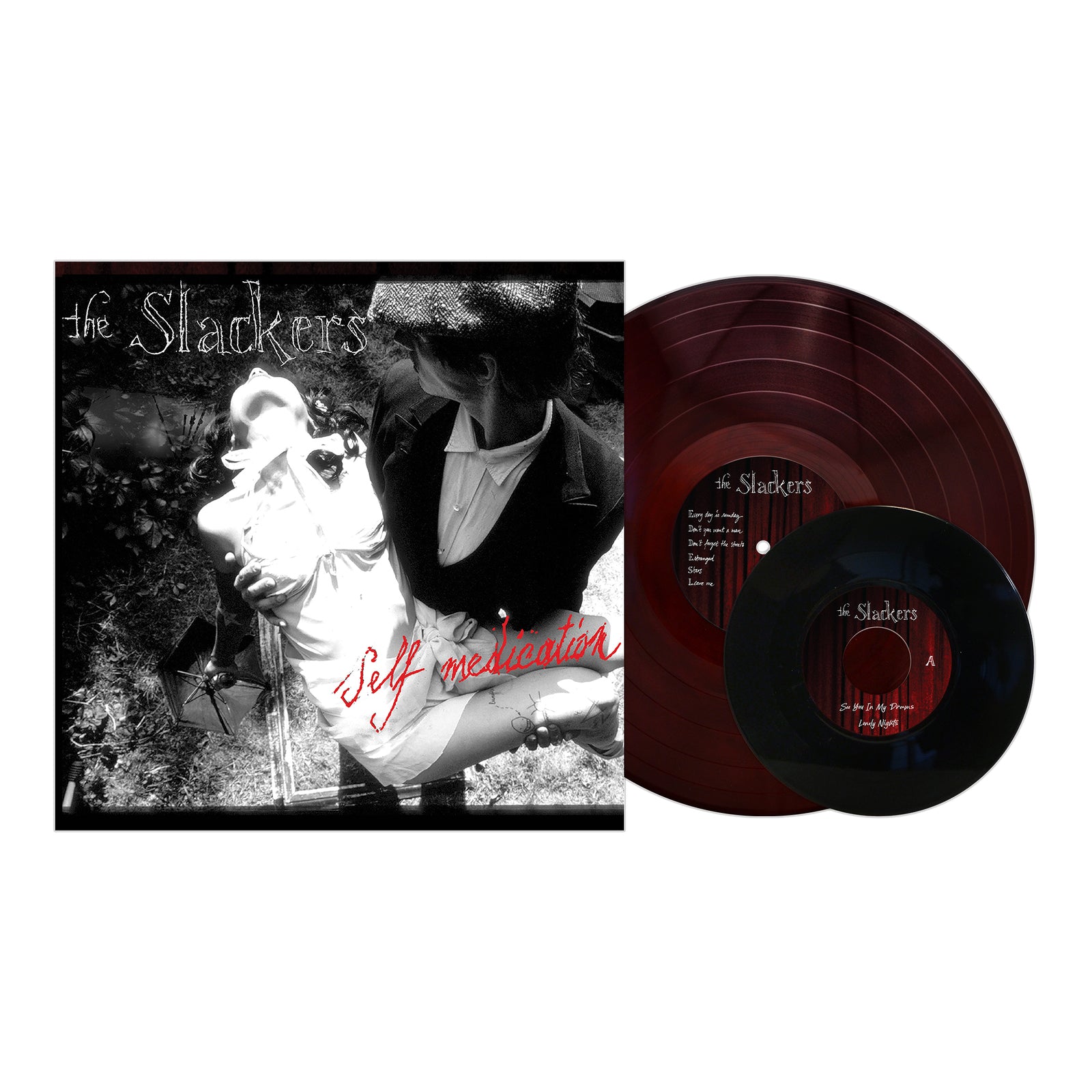 Album cover for Self Medication LP by The Slackers, showing a man in a hat holding a woman in white beside a dark red ska reggae vinyl and a black 7-inch record, both featuring The Slackers' band name and the album title.