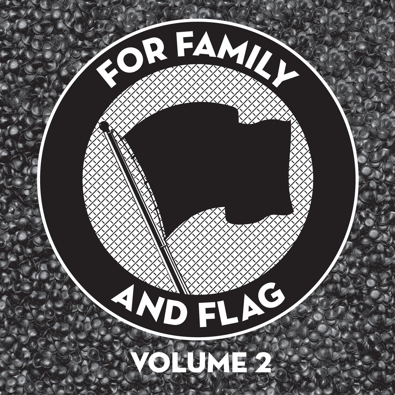 A circular black and white emblem with a stylized flag and the words FOR FAMILY AND FLAG captures punk spirit. VOLUME 2 appears below. The textured background channels the raw energy of Pirates Press Records.