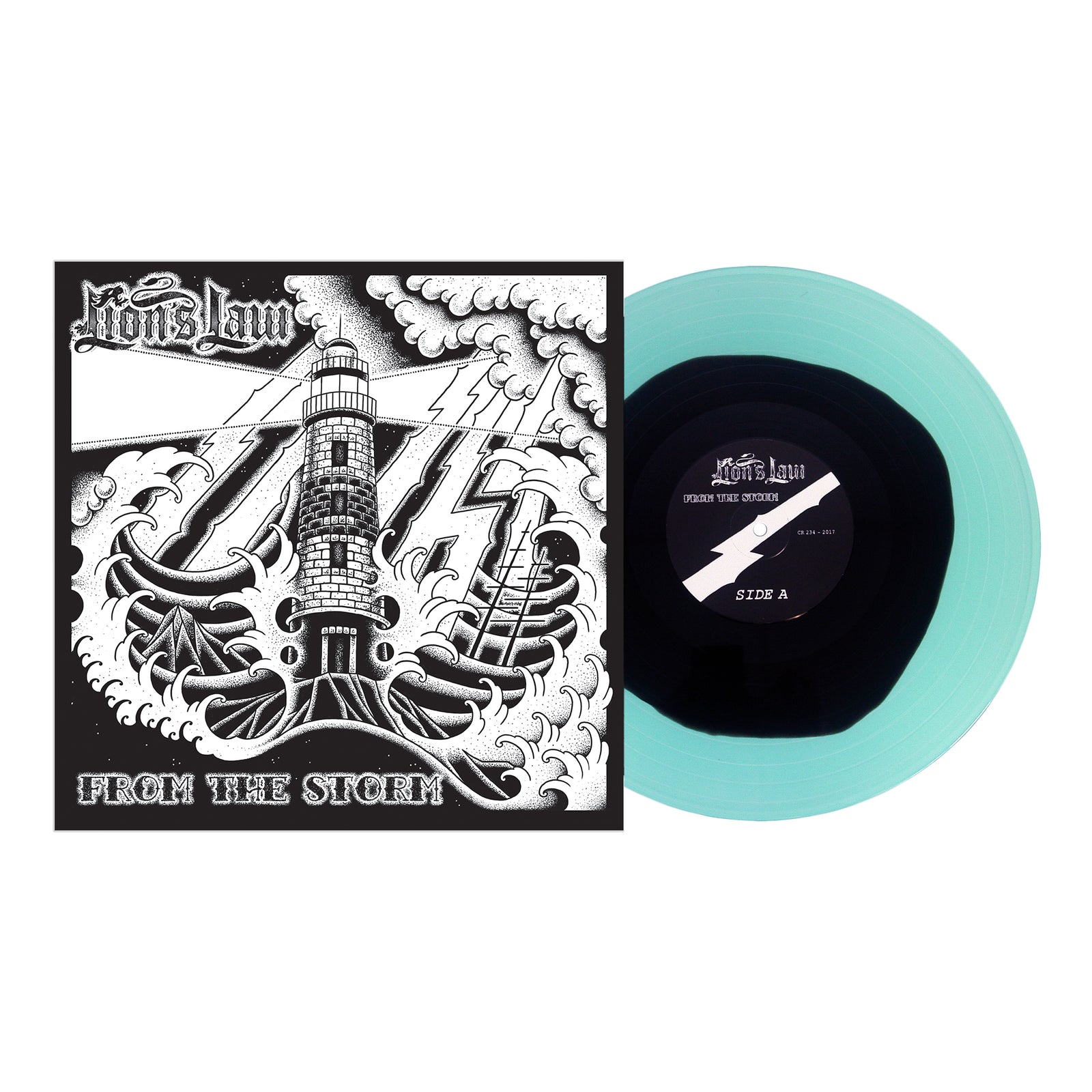 A turquoise vinyl record partly out of its sleeve, which displays a black-and-white lighthouse scene with waves and lightning, plus the Lions Law brand name and From The Storm on the cover.