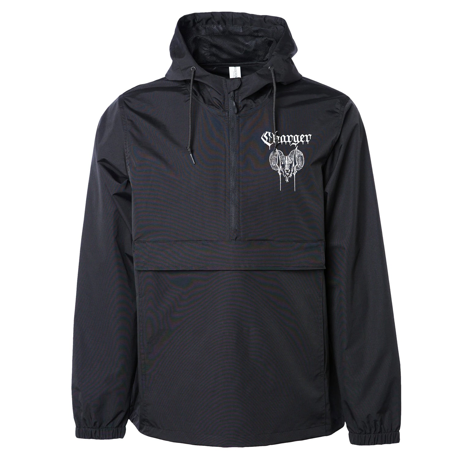 Black weatherproof hooded anorak by Charger with front zipper, large pocket, and white logo graphic of Granger text above a skull on the left chest. Inspired by the classic Charger windbreaker style.