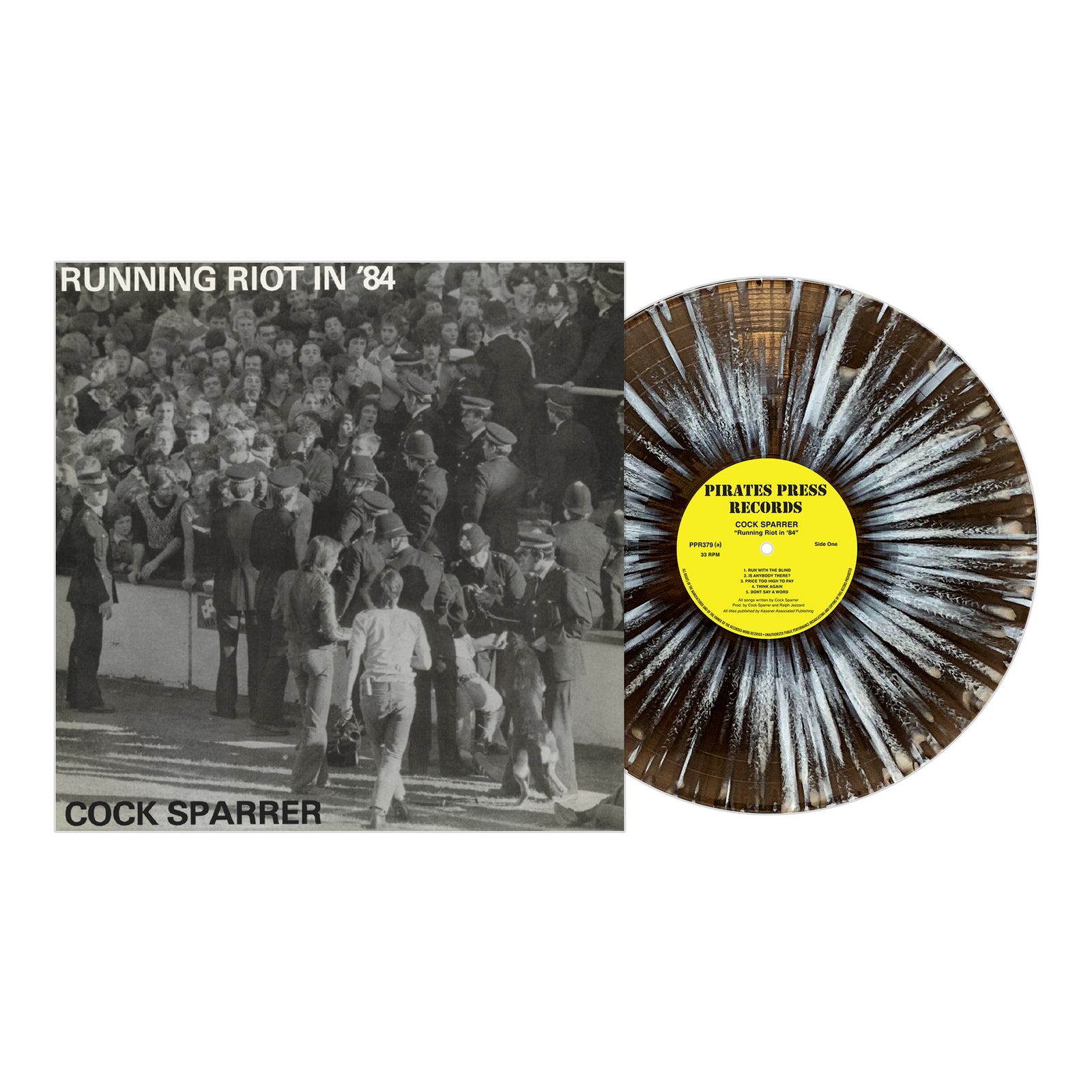 Cock Sparrer 50th anniversary: Running Riot in ’84 on brown and white splatter vinyl, shown next to its album cover featuring a black-and-white football crowd photo.