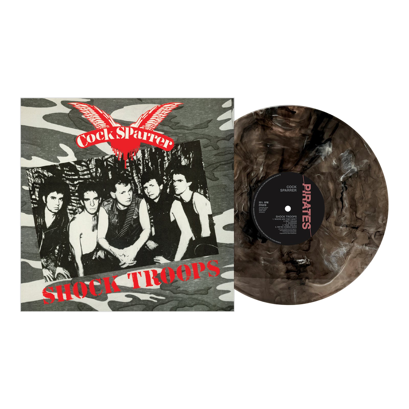 Marbled black and gray vinyl record next to Cock Sparrer’s Shock Troops album cover, showing the band’s black-and-white photo against a gray camouflage background with bold red text. Brand: Cock Sparrer.