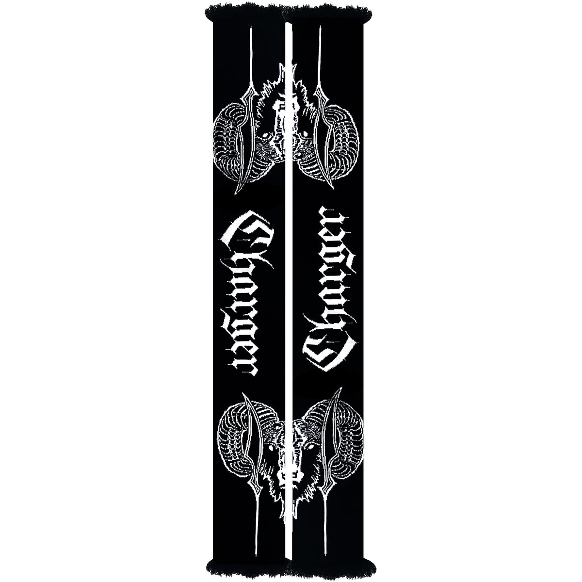 A Charger brand black scarf featuring white gothic-style &quot;Charger&quot; text and detailed symmetrical dragon designs on both sides, finished with fringed edges.